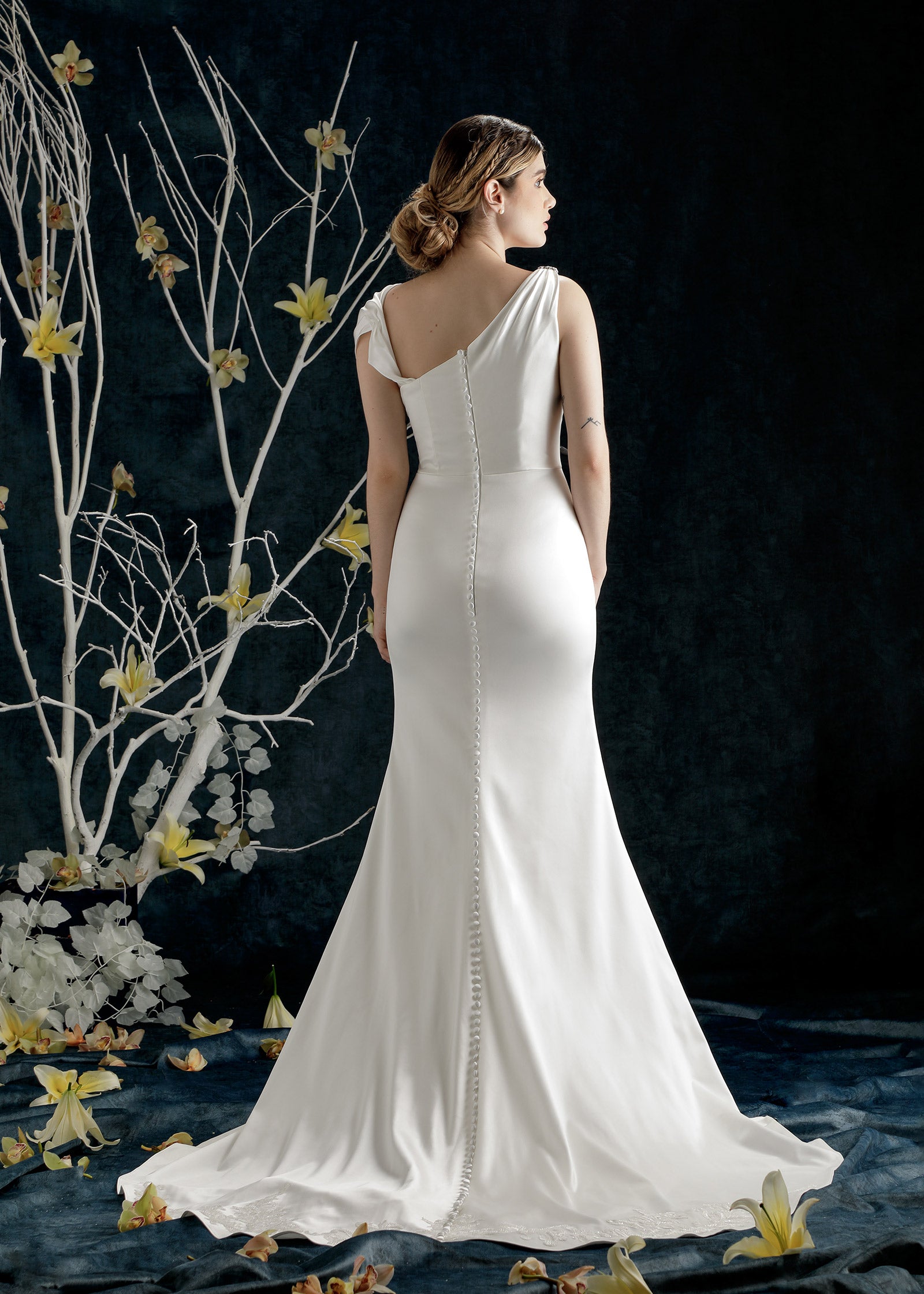Asymmetrical One-Shoulder Luxe Satin Mermaid Gown - Back