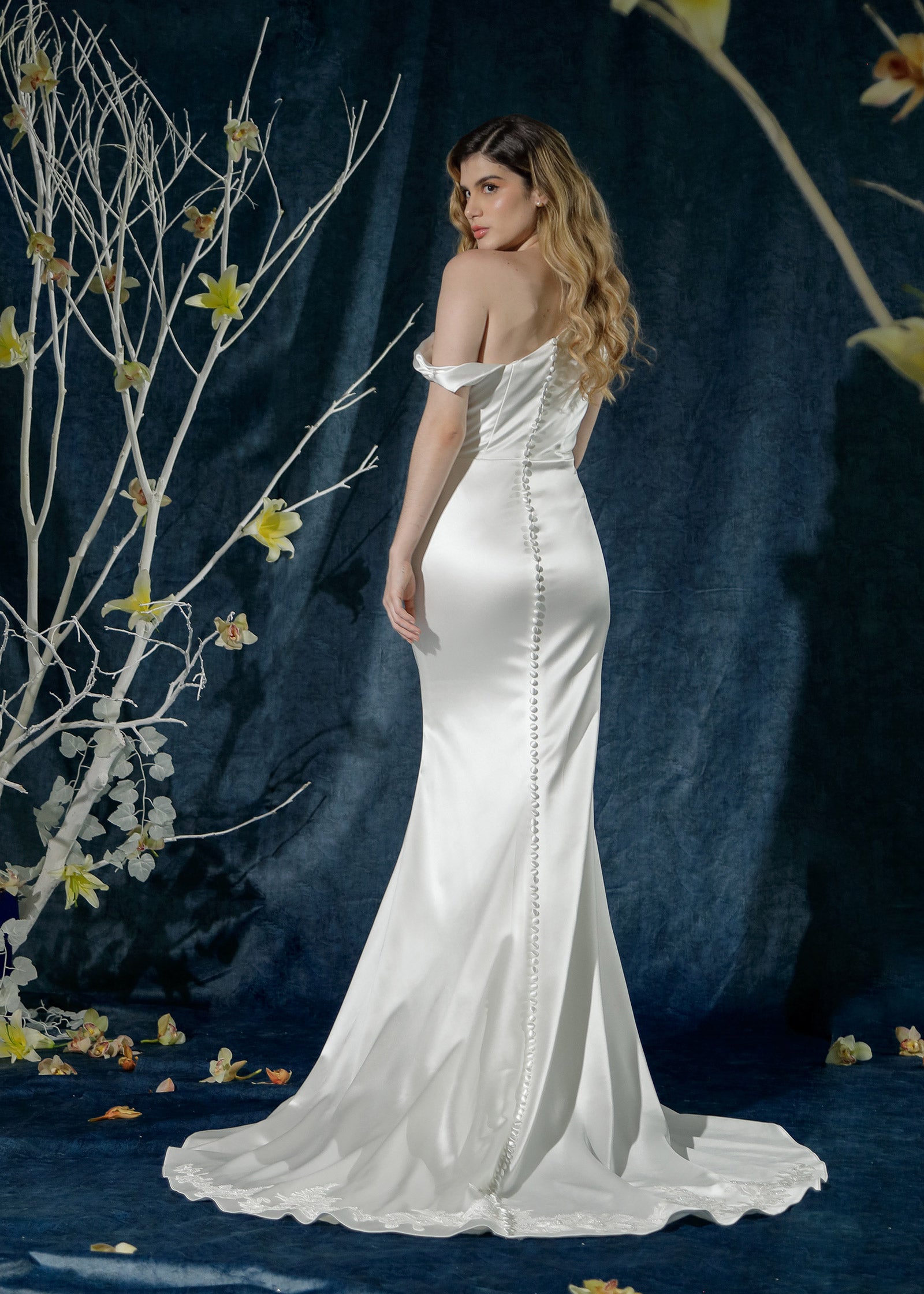 Asymmetrical One-Shoulder Luxe Satin Mermaid Gown - Back