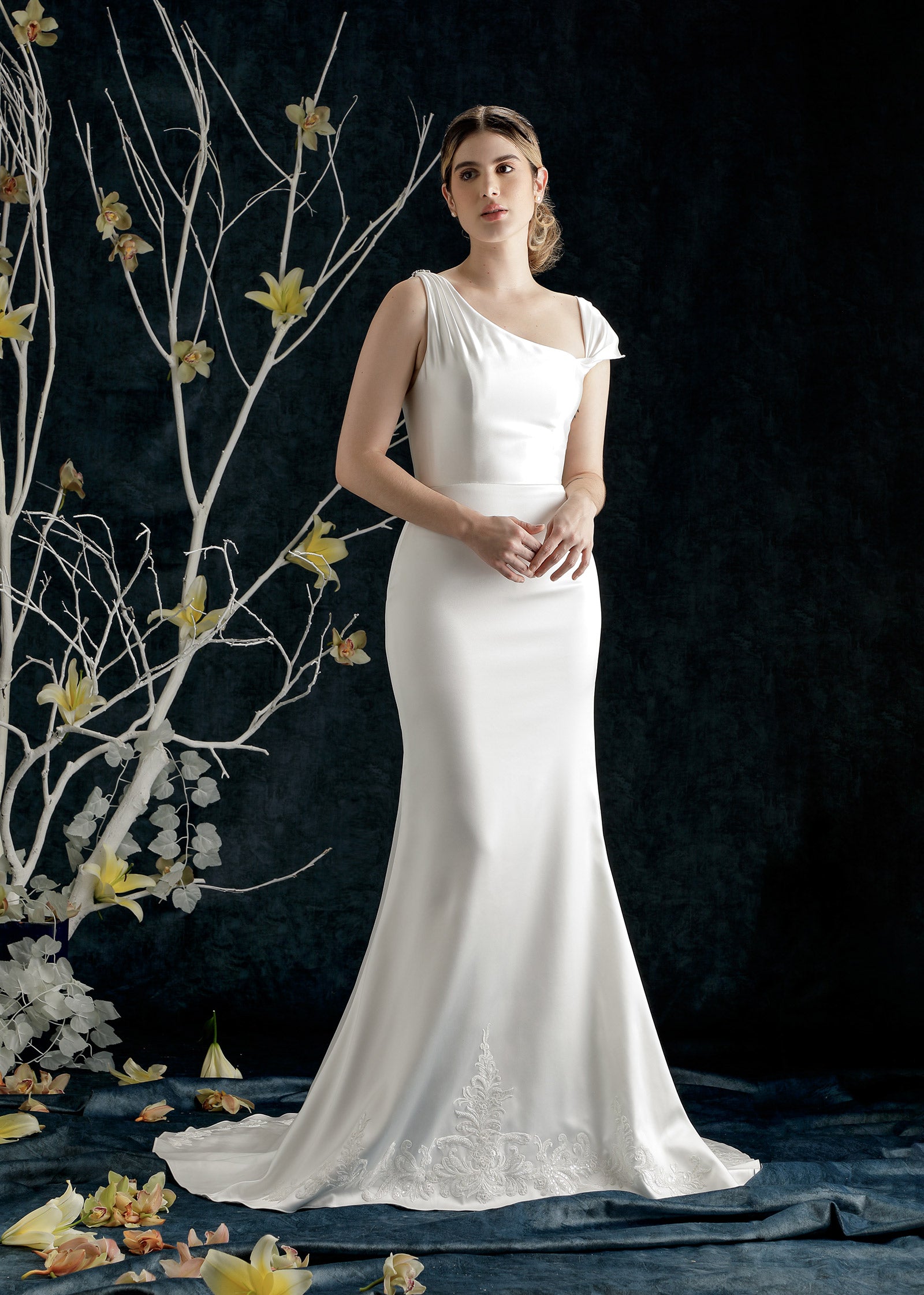 Asymmetrical One-Shoulder Luxe Satin Mermaid Gown – Lotus Threads Bridal
