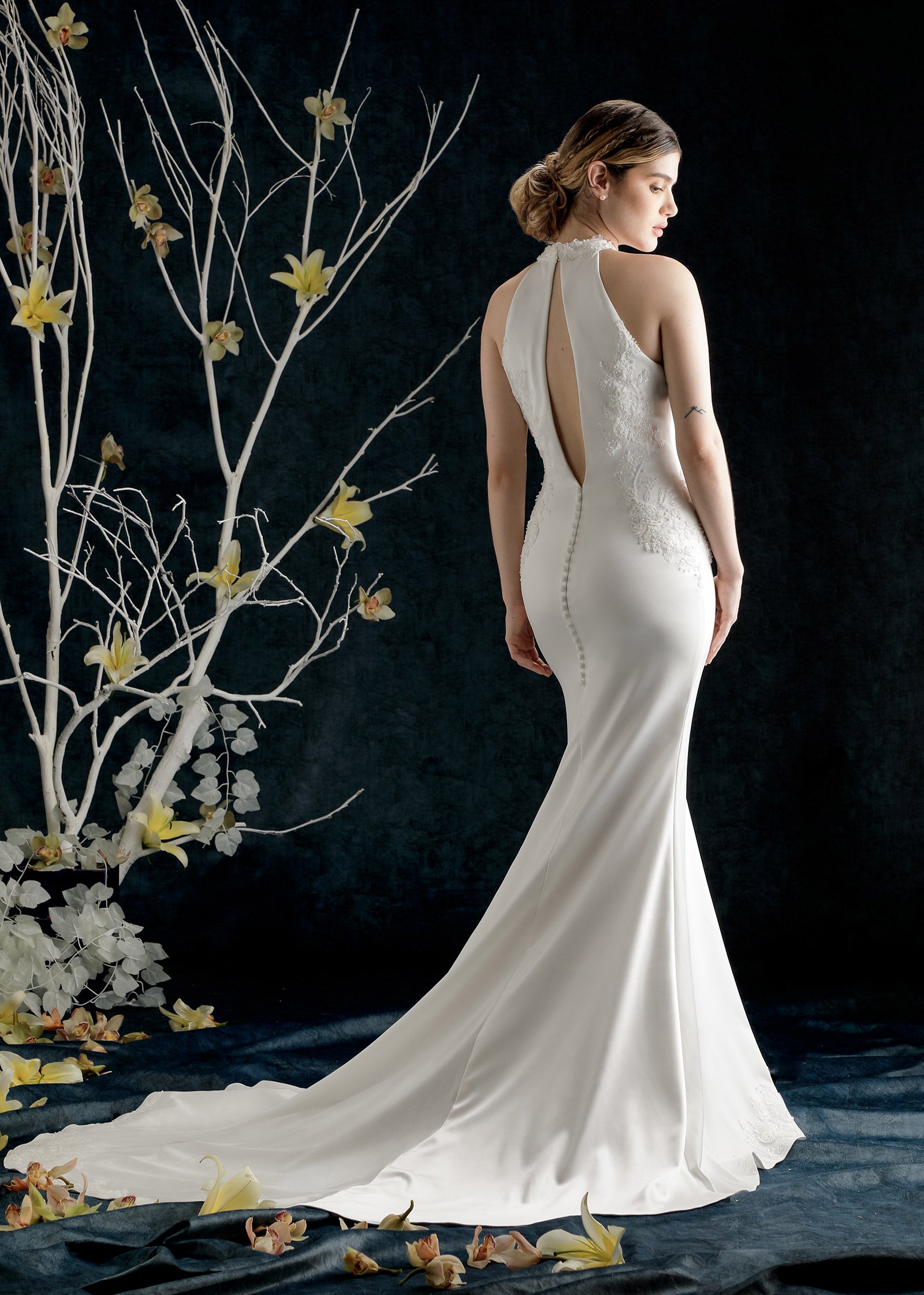 Satin Mermaid Halter Gown with Beaded & Lace Appliqued Lotus Threads Bridal Satin Mermaid Halter Gown with Beaded & Lace Appliqued Lotus Threads Bridal