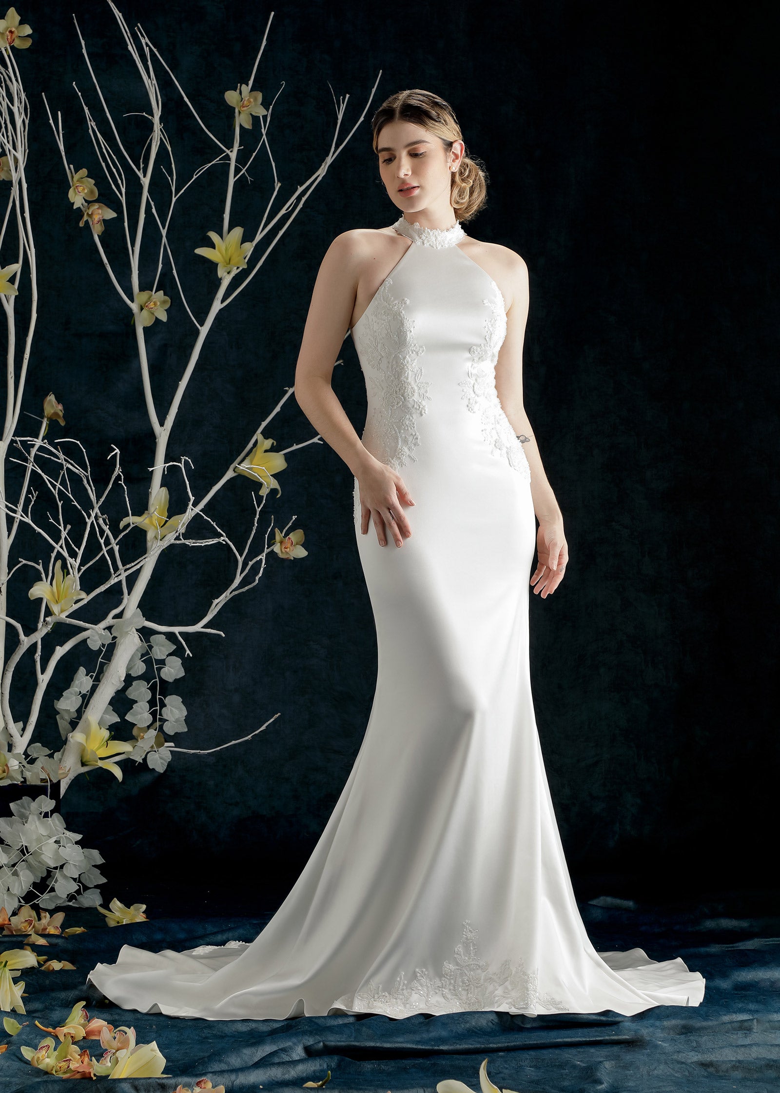 Satin Mermaid Halter Gown with Beaded & Lace Appliqued – Lotus Threads Bridal