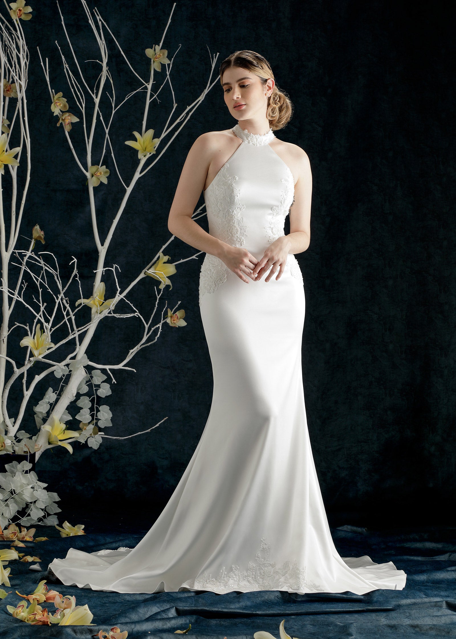 Satin Mermaid Halter Gown with Beaded & Lace Appliqued – Lotus Threads  Bridal