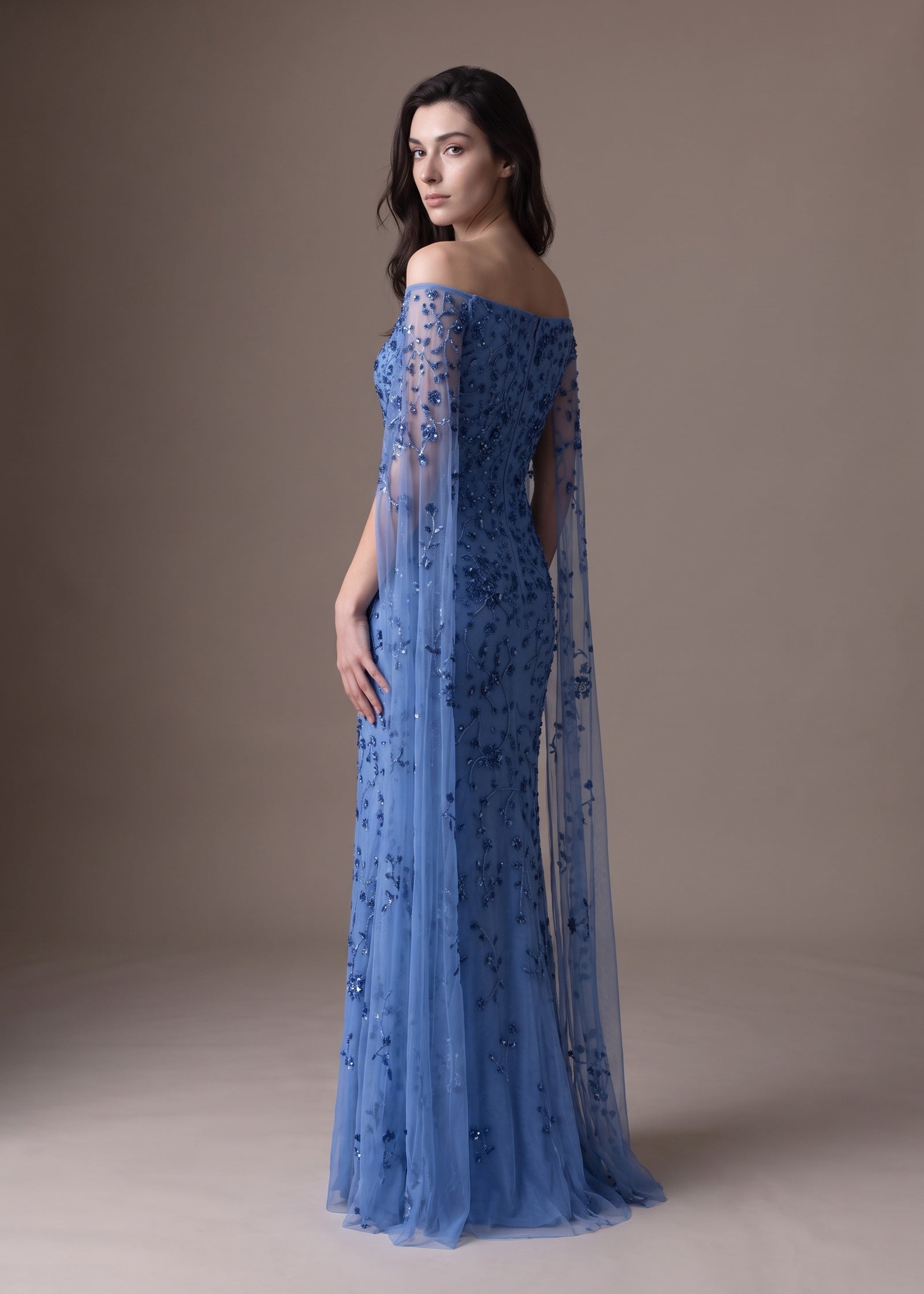 Beaded Sheath Gown with Off-Shoulder Neckline & Veil Sleeves