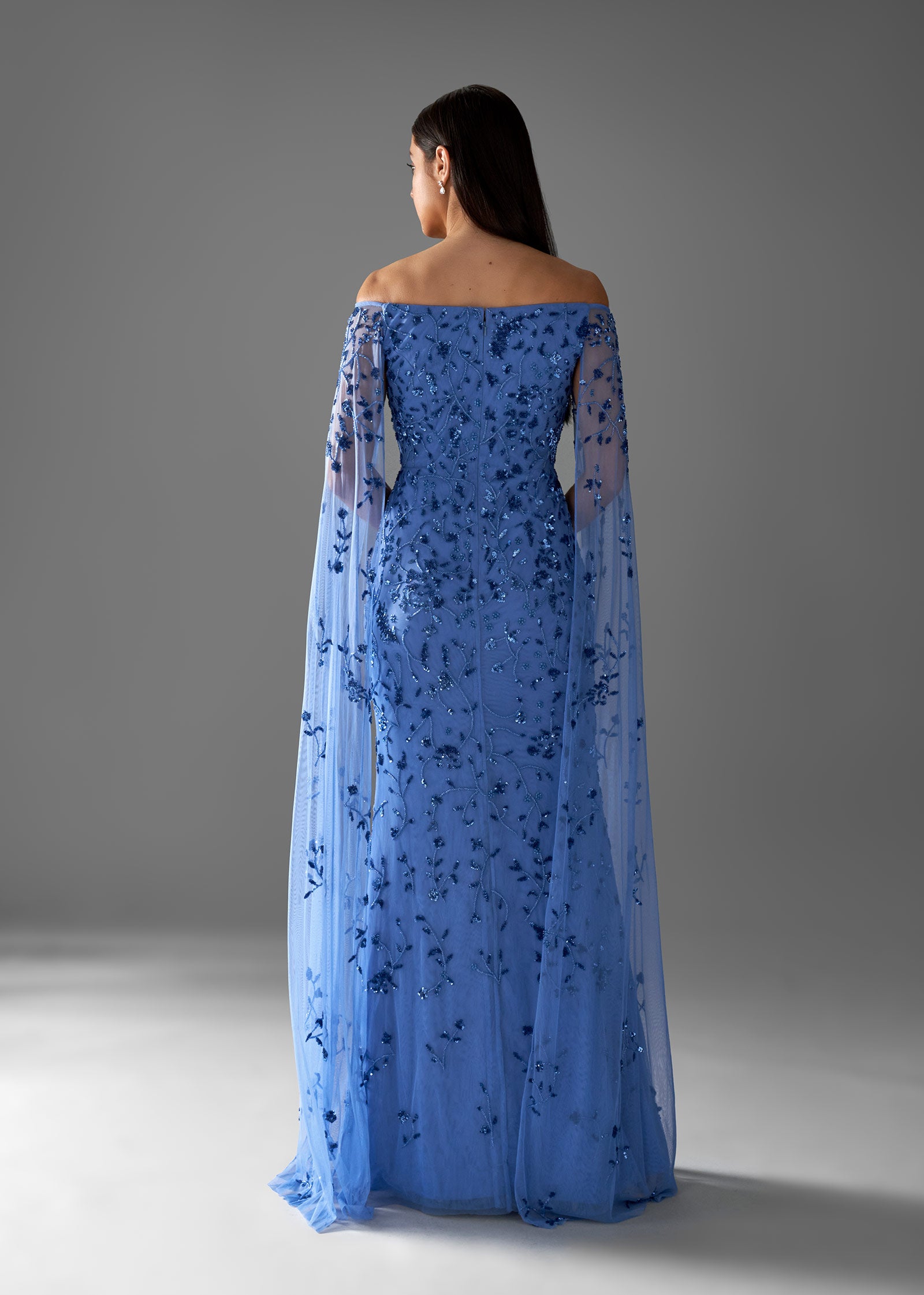Beaded Sheath Gown With Off Shoulder Neckline Veil Sleeves Lotus Beaded Sheath Gown With Off Shoulder Neckline Veil Sleeves Lotus