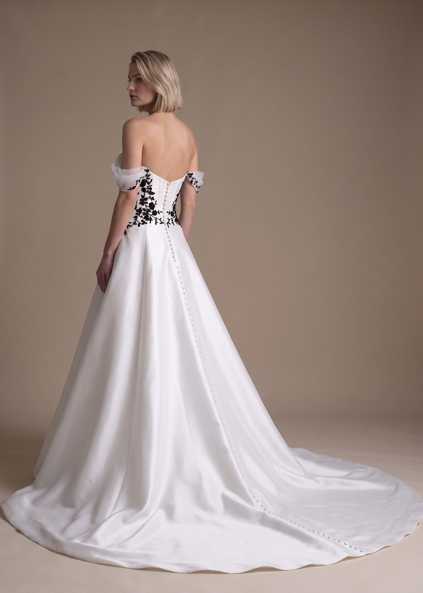 Mikado Ball Gown with Drop Waist Corset & Black Lace