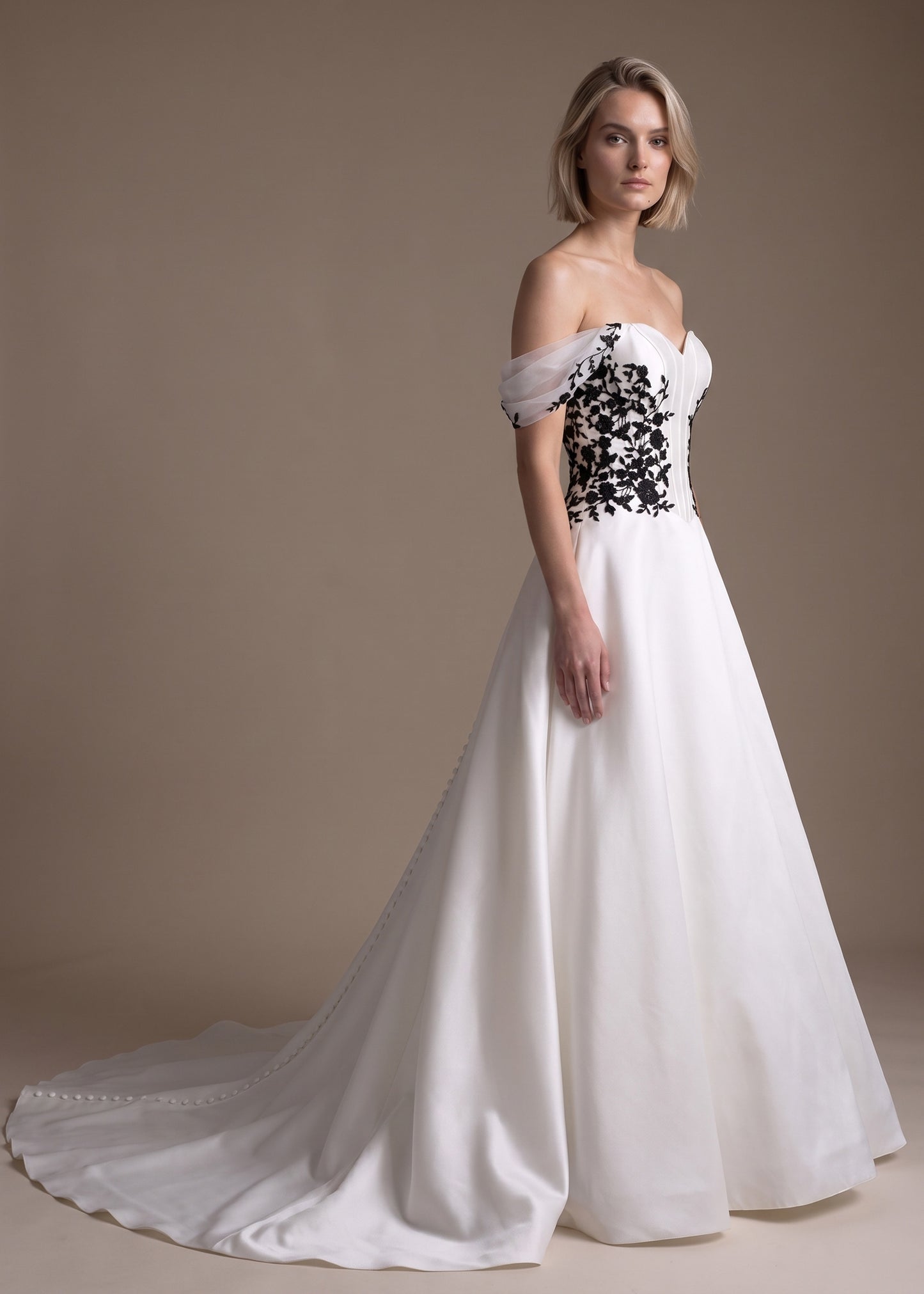 Mikado Ball Gown with Drop Waist Corset & Black Lace