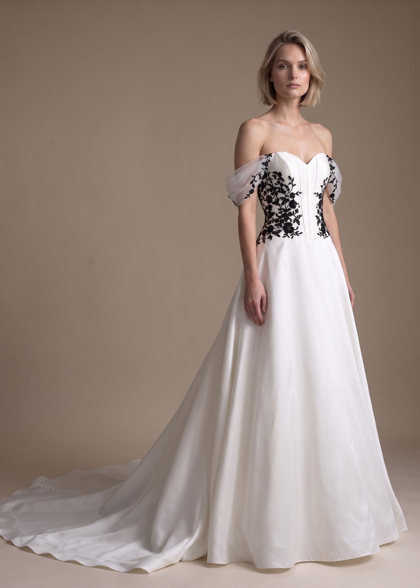Mikado Ball Gown with Drop Waist Corset & Black Lace