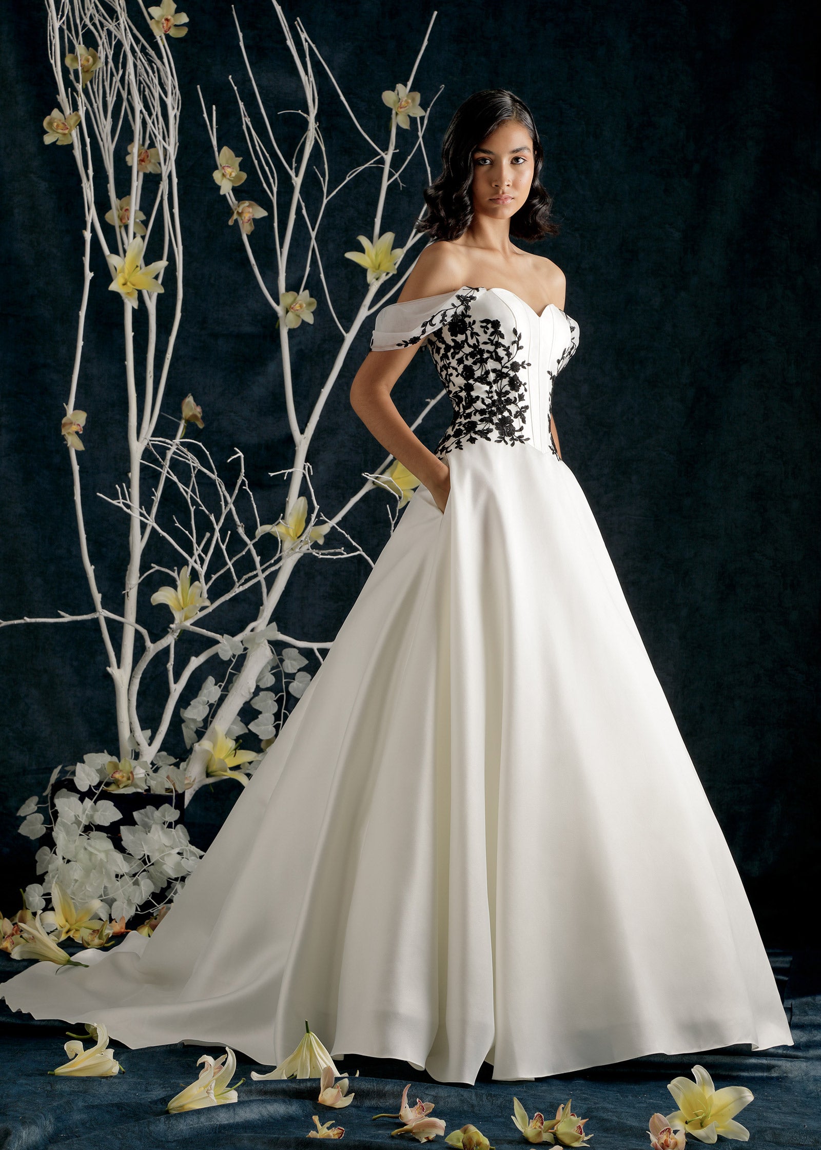 Edgy Mikado Ball Gown with Drop Waist Corset & Black Lace – Lotus Threads Bridal