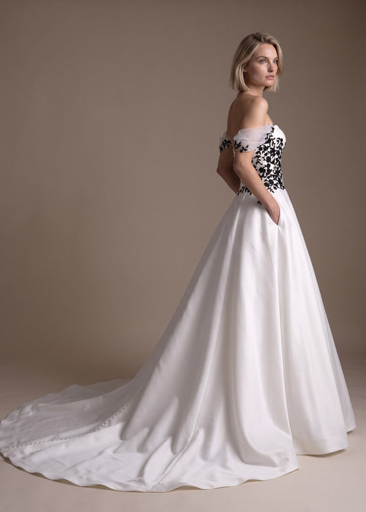 Mikado Ball Gown with Drop Waist Corset & Black Lace