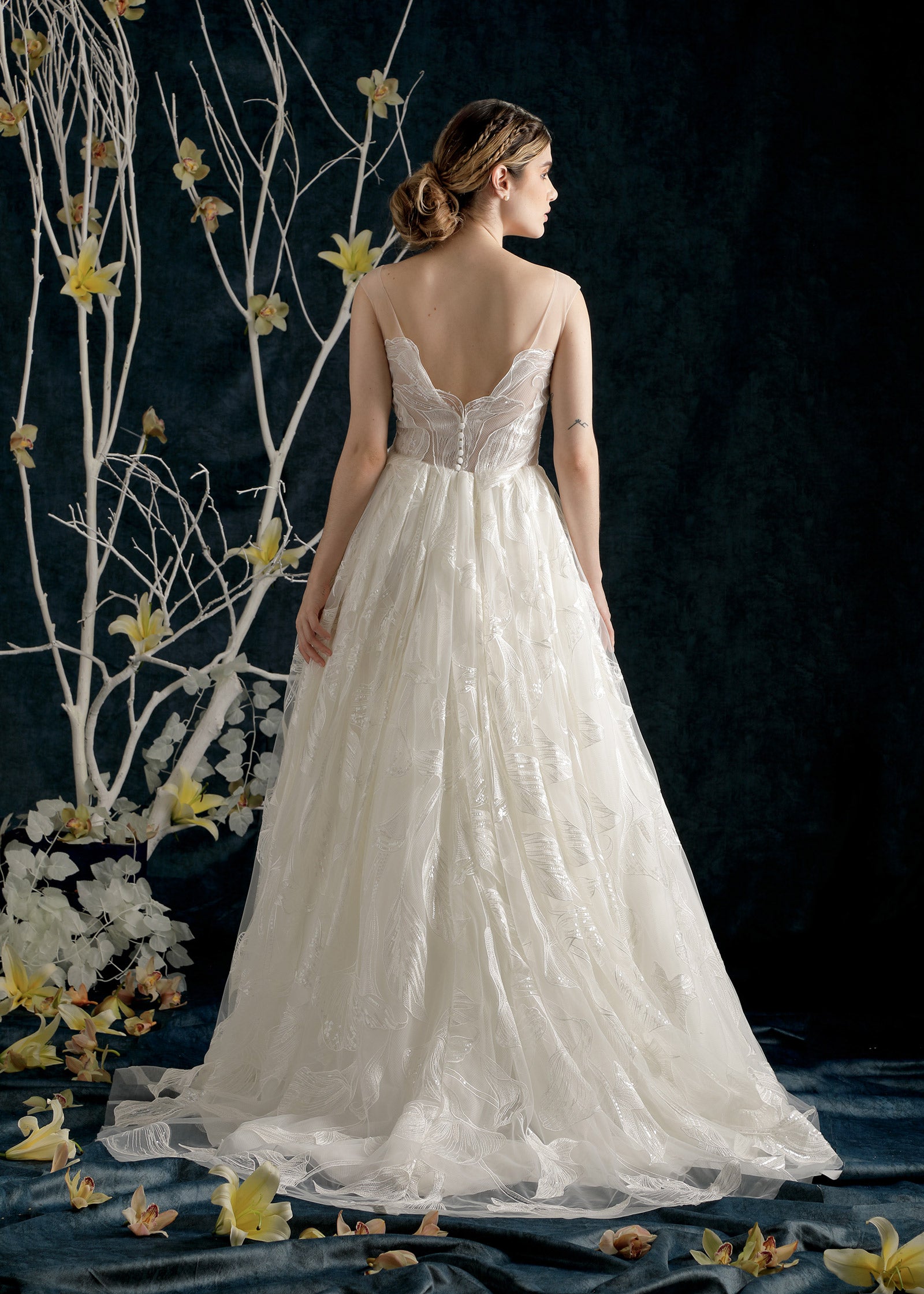 Sweetheart Ball Gown in Soft Tulle & Hand-Cut Floral Lace Lotus Threads Bridal Sweetheart Ball Gown in Soft Tulle & Hand-Cut Floral Lace Lotus Threads Bridal