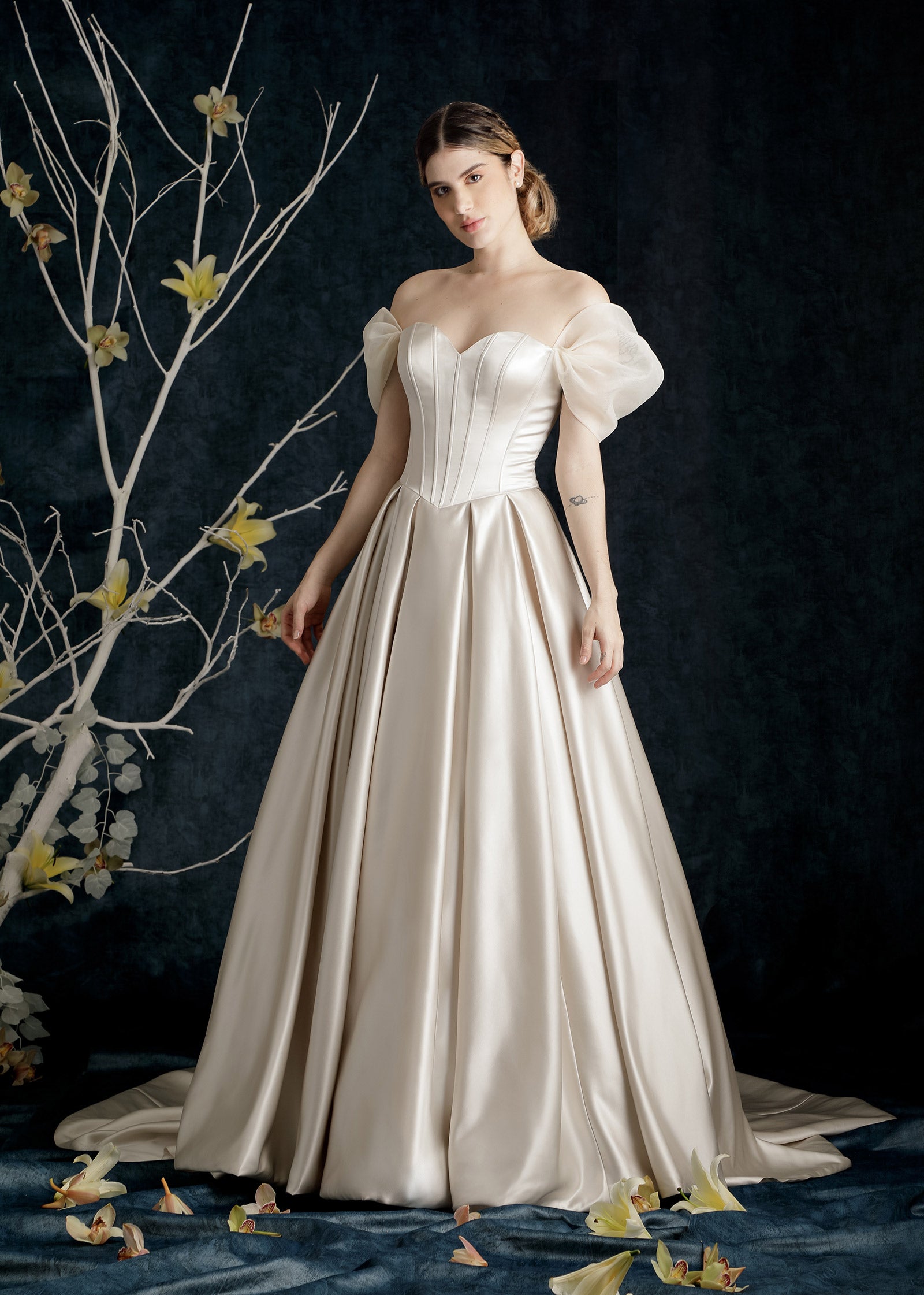 Sweetheart Satin Ball Gown with Drop Waist & Royal Train – Lotus Threads Bridal