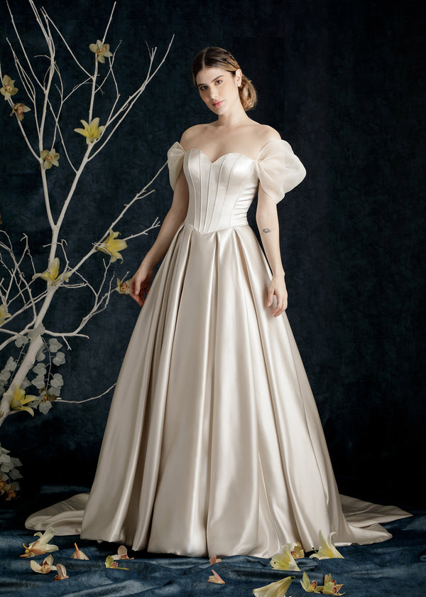 Classic Pleated Sweetheart Satin Ball Gown With Sweep Train Gold main image 1