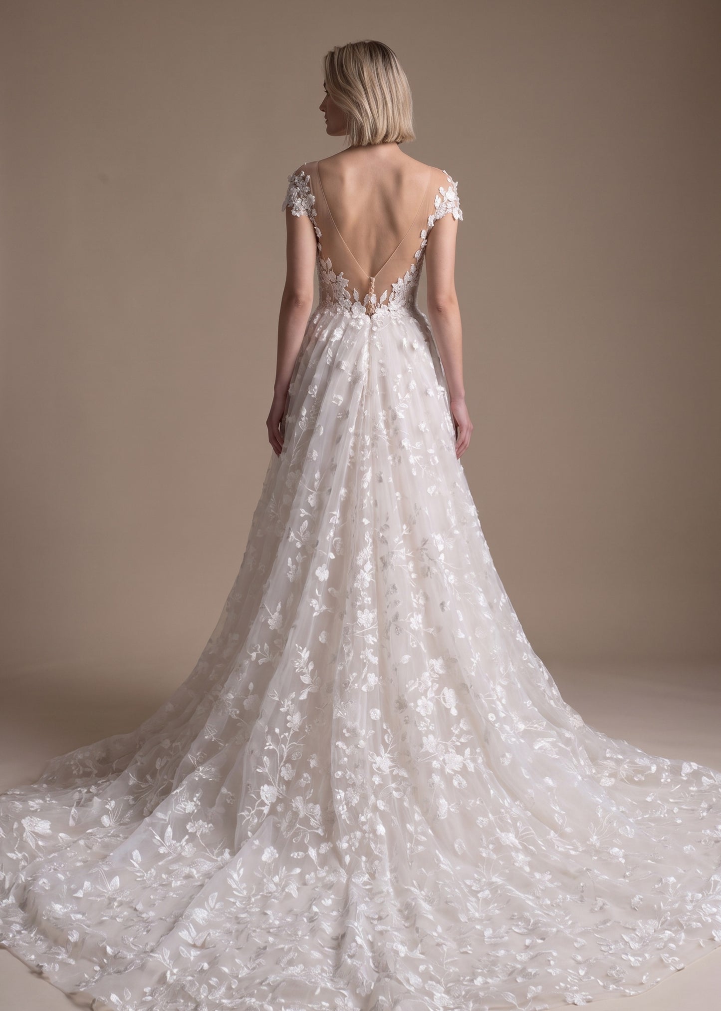 Floral Embroidered Lace A-line Gown with 3D Florals