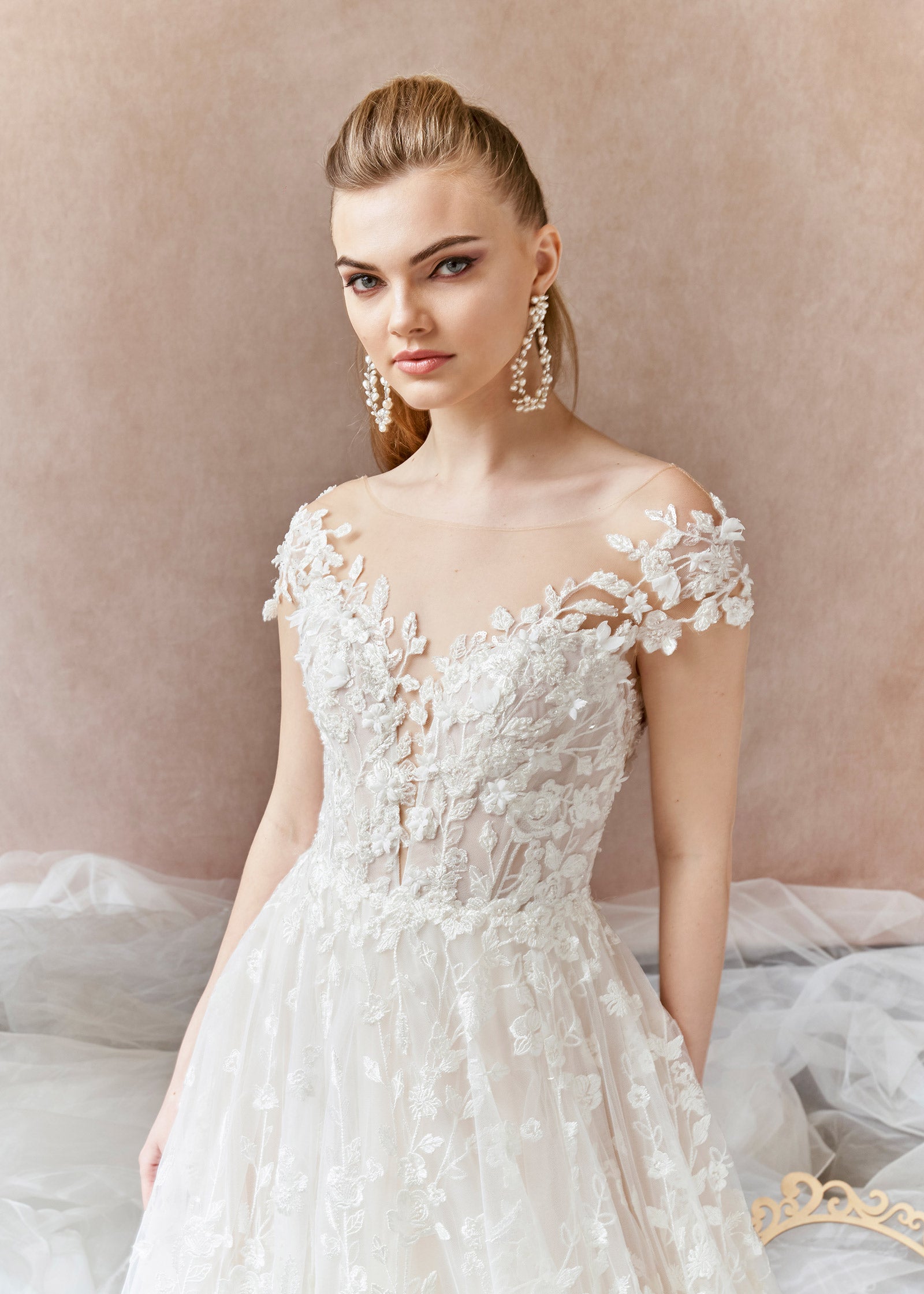 Floral Embroidered Lace A-line Gown with 3D Florals Lotus Threads Bridal Floral Embroidered Lace A-line Gown with 3D Florals Lotus Threads Bridal