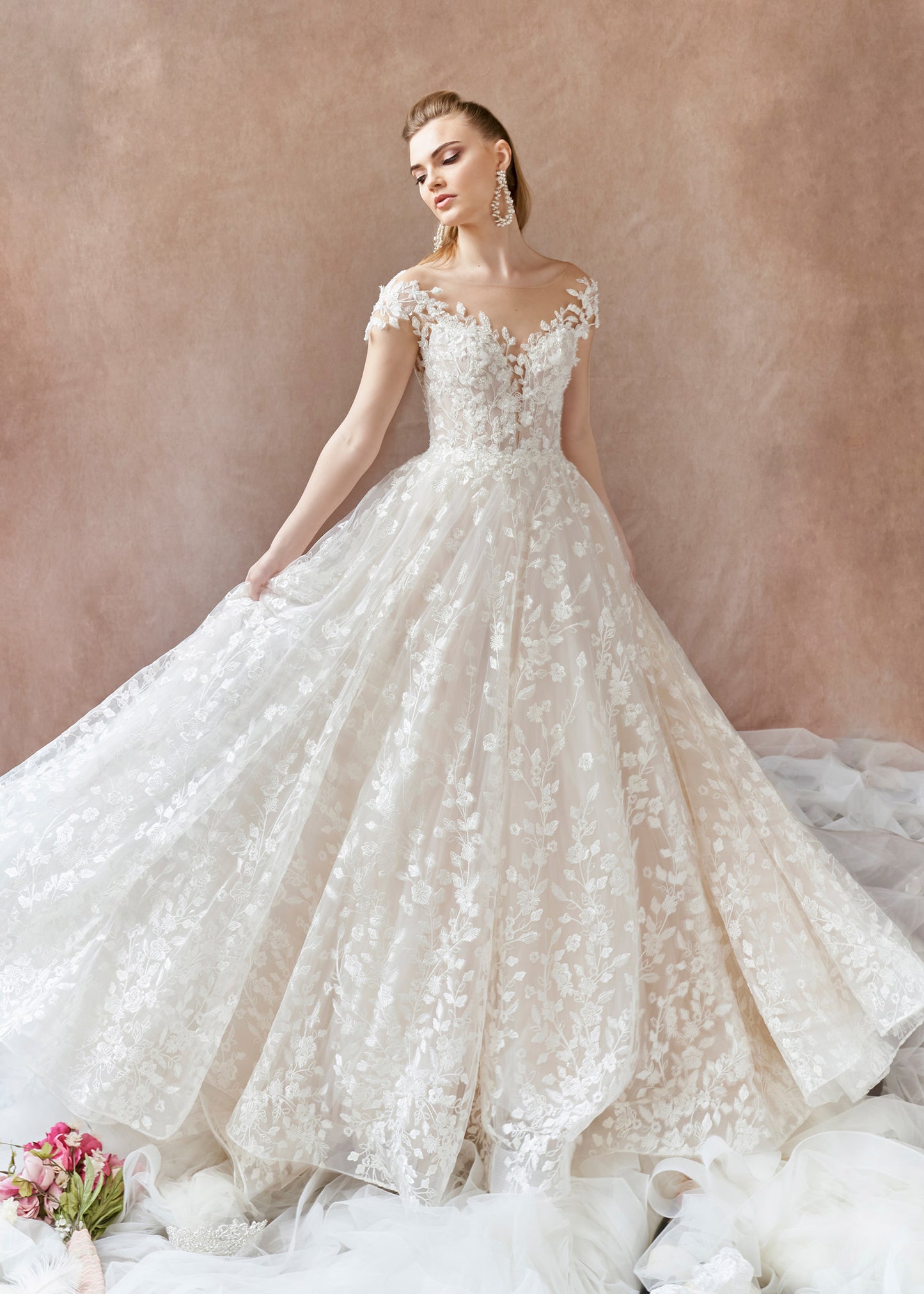 Floral Embroidered Lace A-line Gown with 3D Florals Lotus Threads Bridal Floral Embroidered Lace A-line Gown with 3D Florals Lotus Threads Bridal