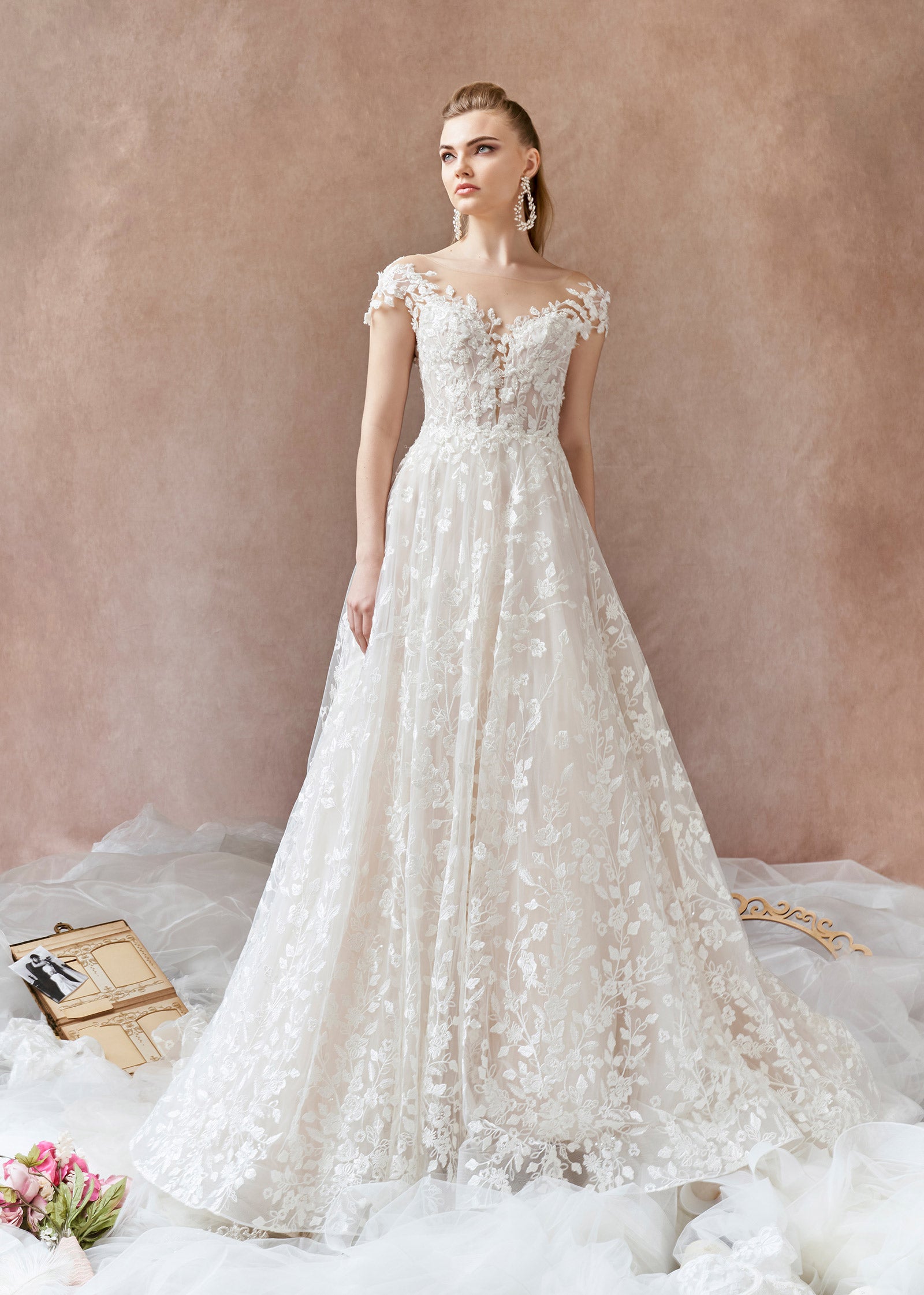 Floral Embroidered Lace A-line Gown with 3D Florals Lotus Threads Bridal Floral Embroidered Lace A-line Gown with 3D Florals Lotus Threads Bridal