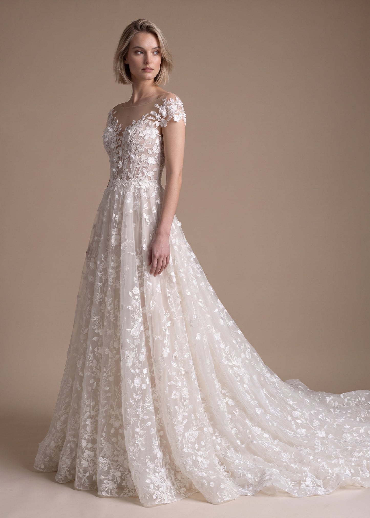 Floral Embroidered Lace A-line Gown with 3D Florals
