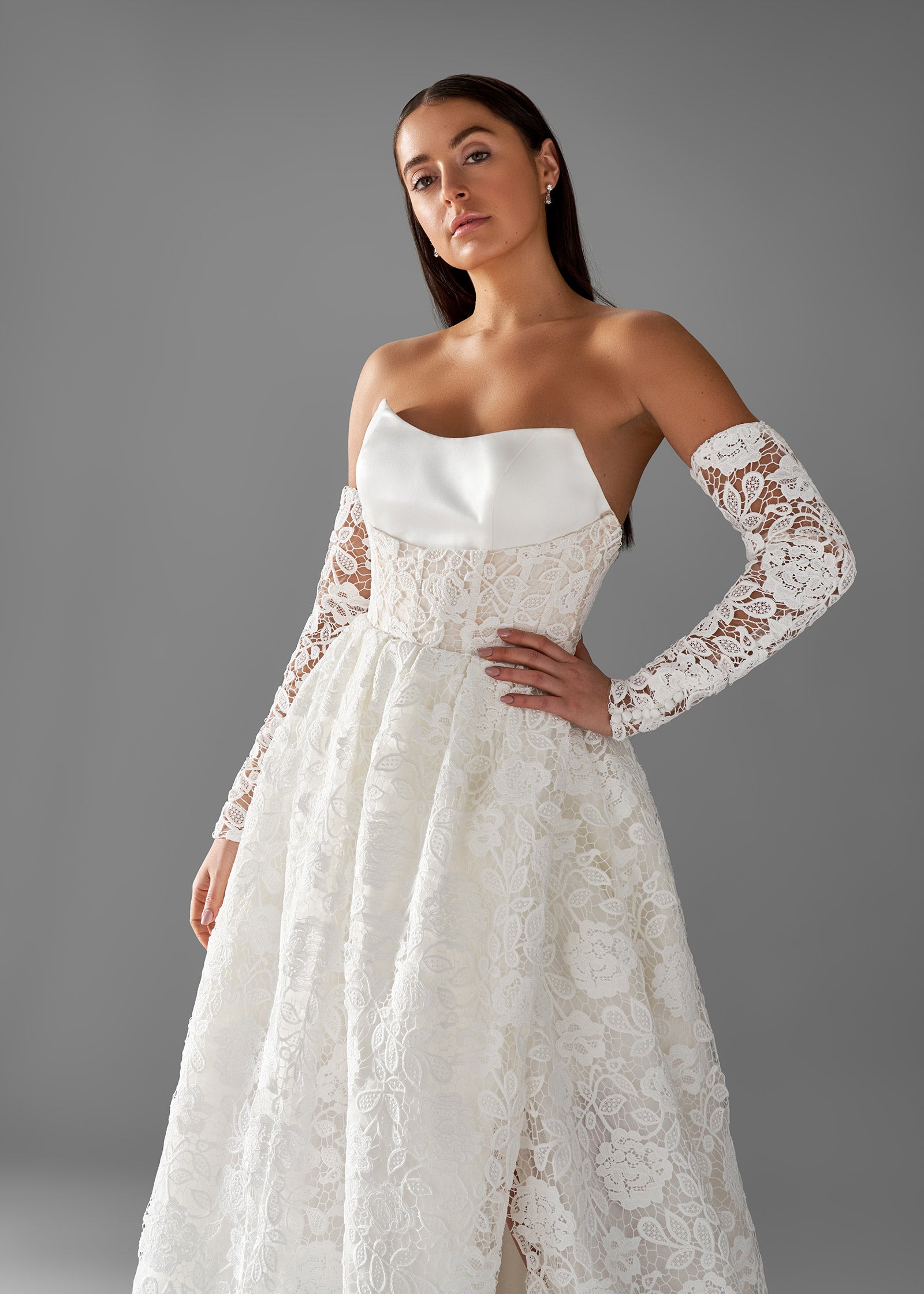 Satin Tulip Wedding Dress with Corseted Lace Overlay in A-line Gown | Lotus Threads Bridal