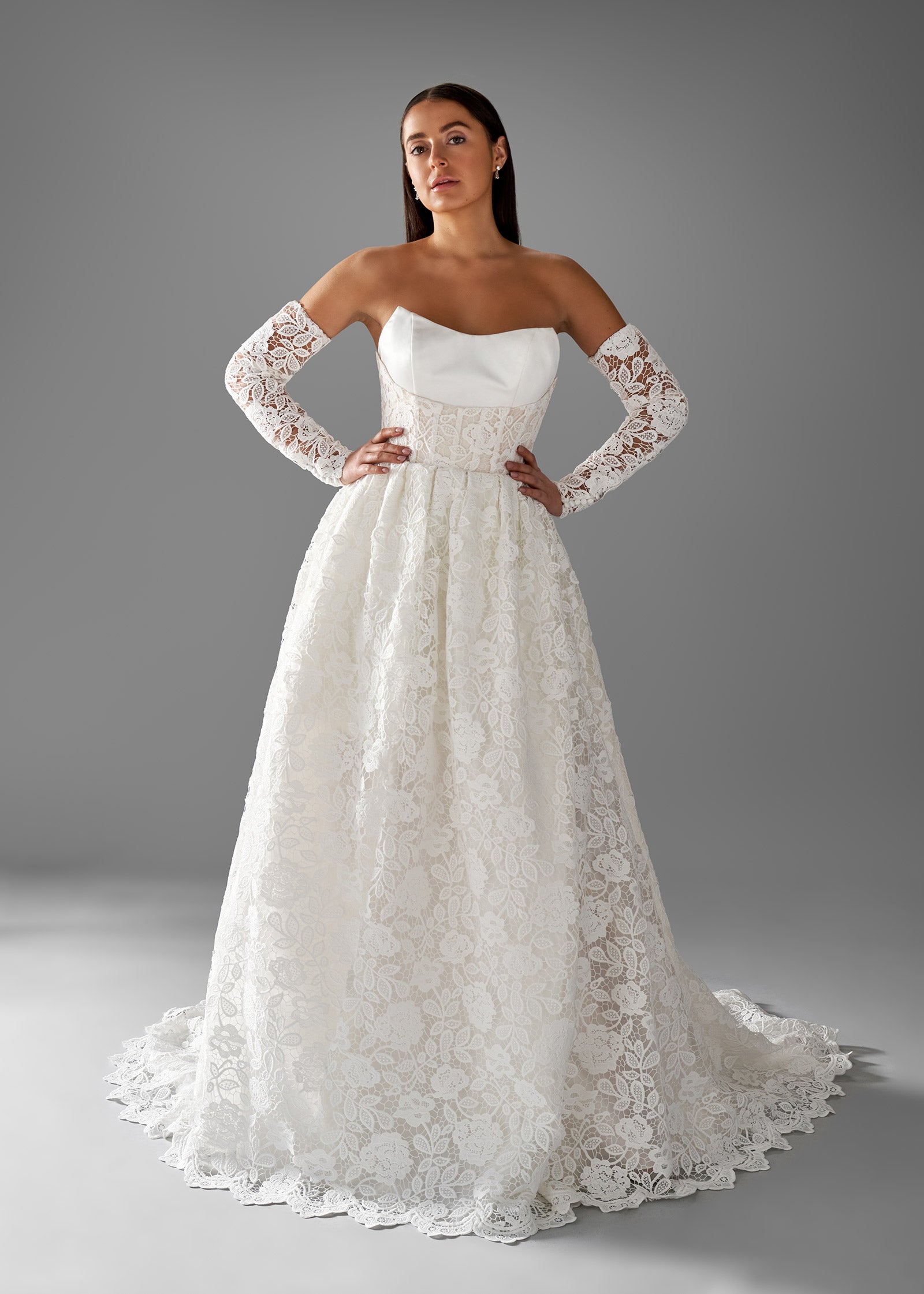Satin Tulip Dress with Corseted Lace Overlay in A-line Gown Lotus Threads Bridal Satin Tulip Dress with Corseted Lace Overlay in A-line Gown Lotus Threads Bridal
