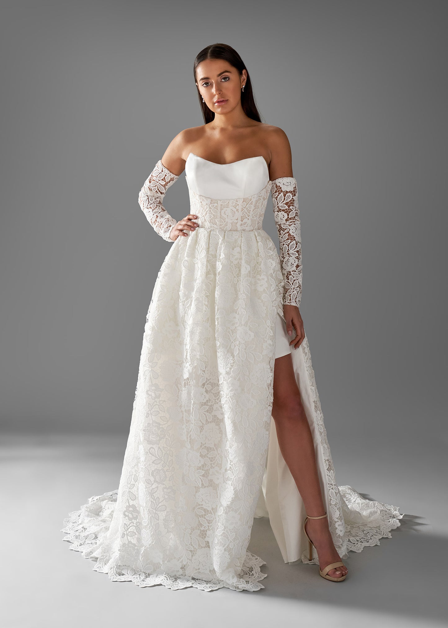 Satin Tulip Dress with Corseted Lace Overlay in A-line Gown Lotus Threads Bridal Satin Tulip Dress with Corseted Lace Overlay in A-line Gown Lotus Threads Bridal