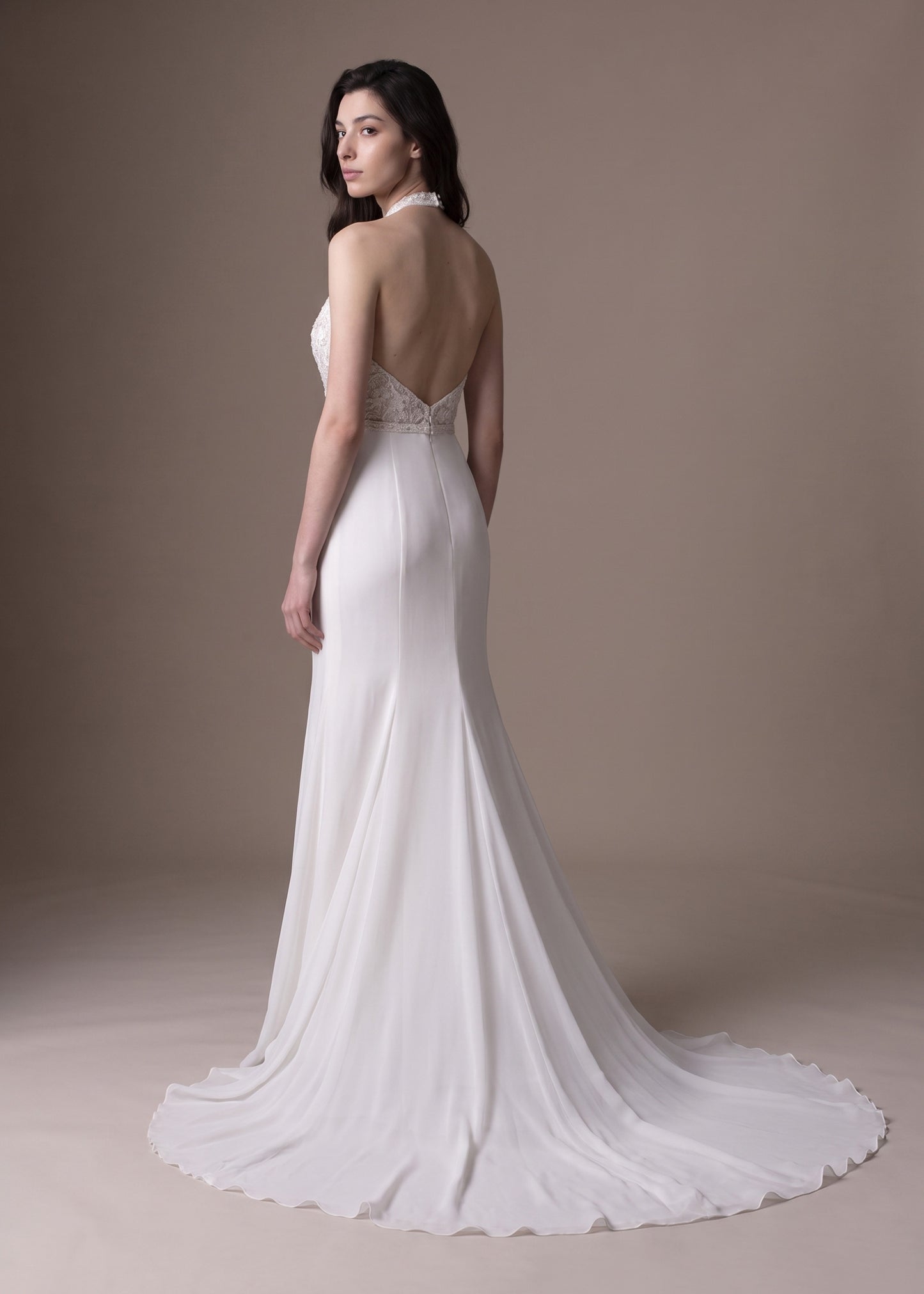 Halter Chiffon Mermaid Gown with Hand-Beaded Florals