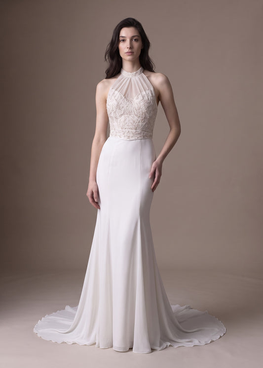 Halter Chiffon Mermaid Gown with Hand-Beaded Florals