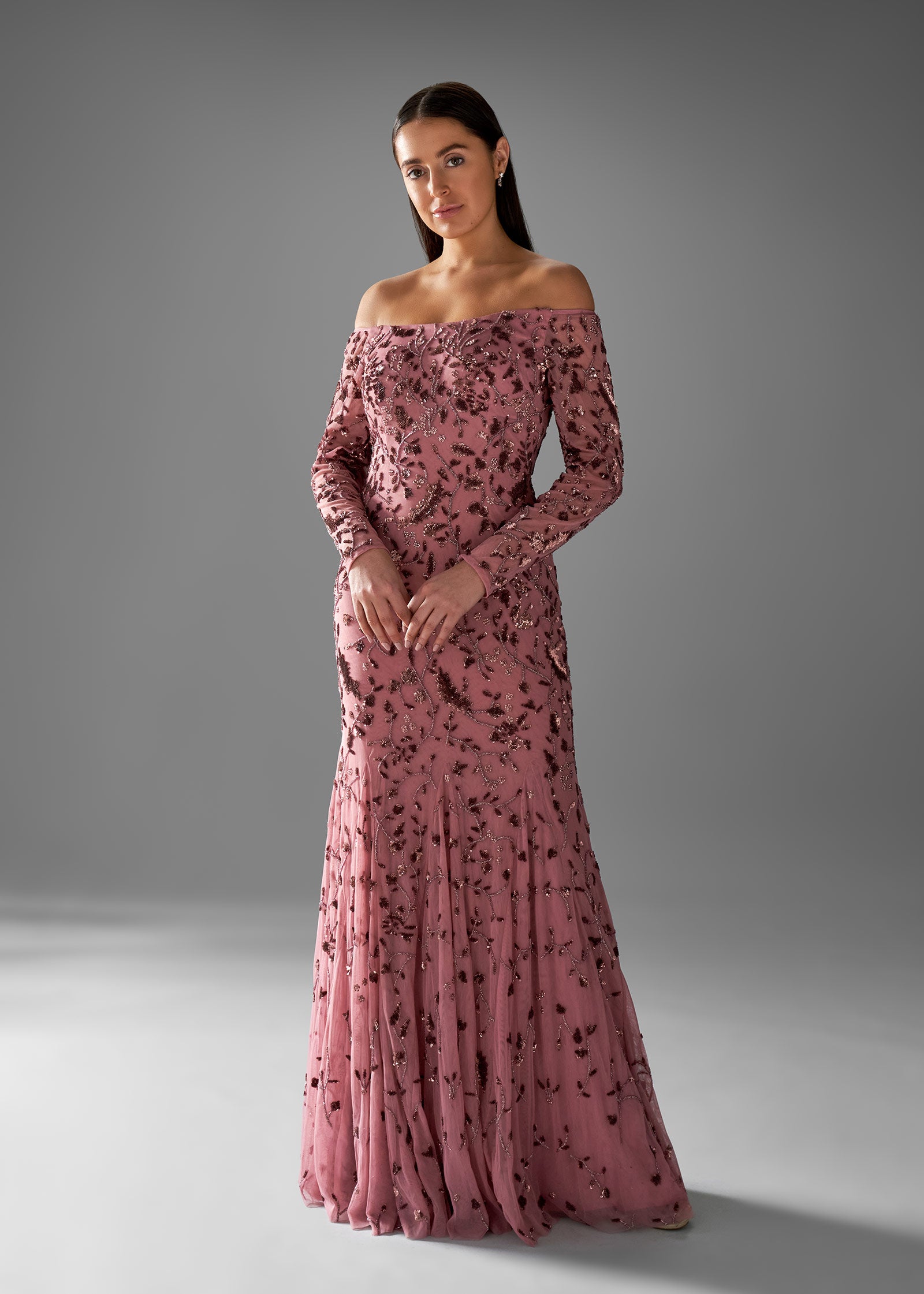 Off-Shoulder Fit-to-Flare Dress with Fitted Sleeves Lotus Threads Bridal Off-Shoulder Fit-to-Flare Dress with Fitted Sleeves Lotus Threads Bridal