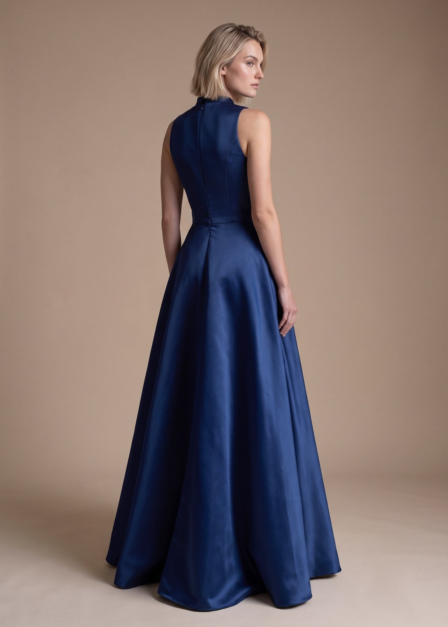 Satin Dress with High Neck, Fitted Bodice & Flared Skirt