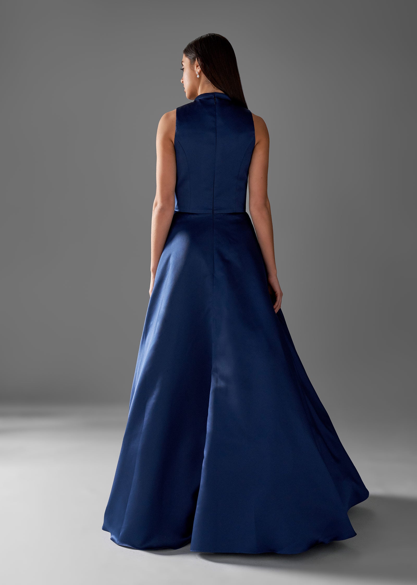 slim fit dress slacks Satin Dress with High Neck, Fitted Bodice & Flared Skirt – Lotus Threads  Bridal
