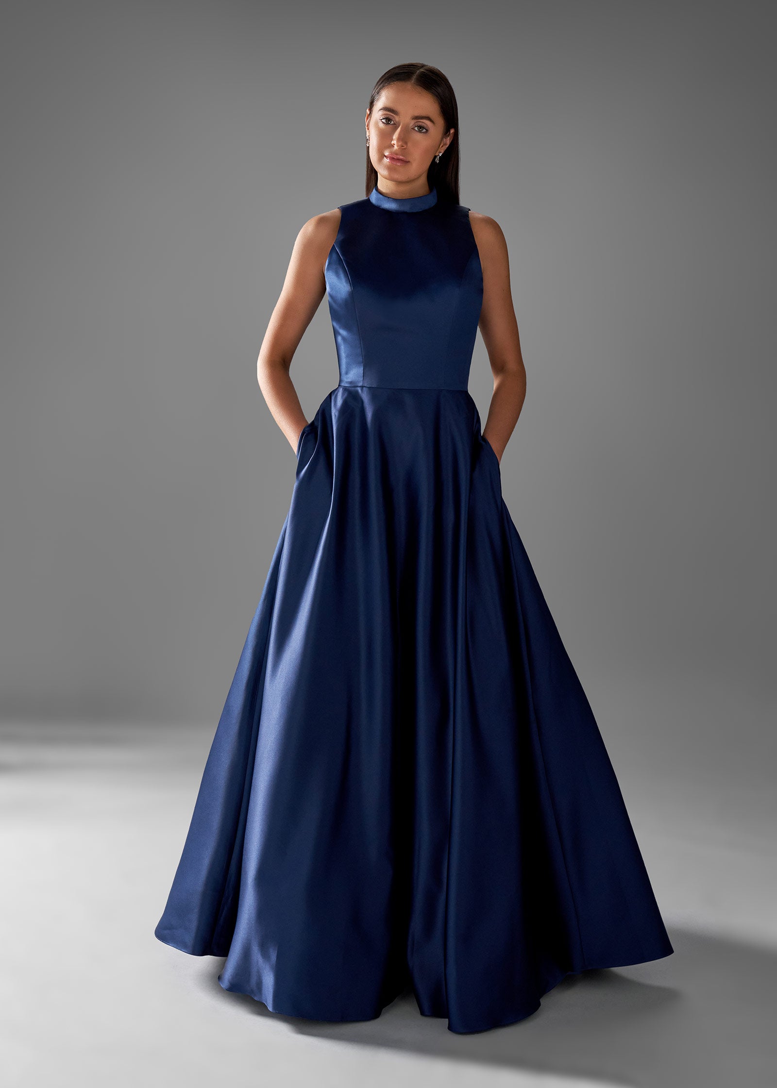 Satin Dress with High Neck, Fitted Bodice & Flared Skirt – Lotus Threads Bridal