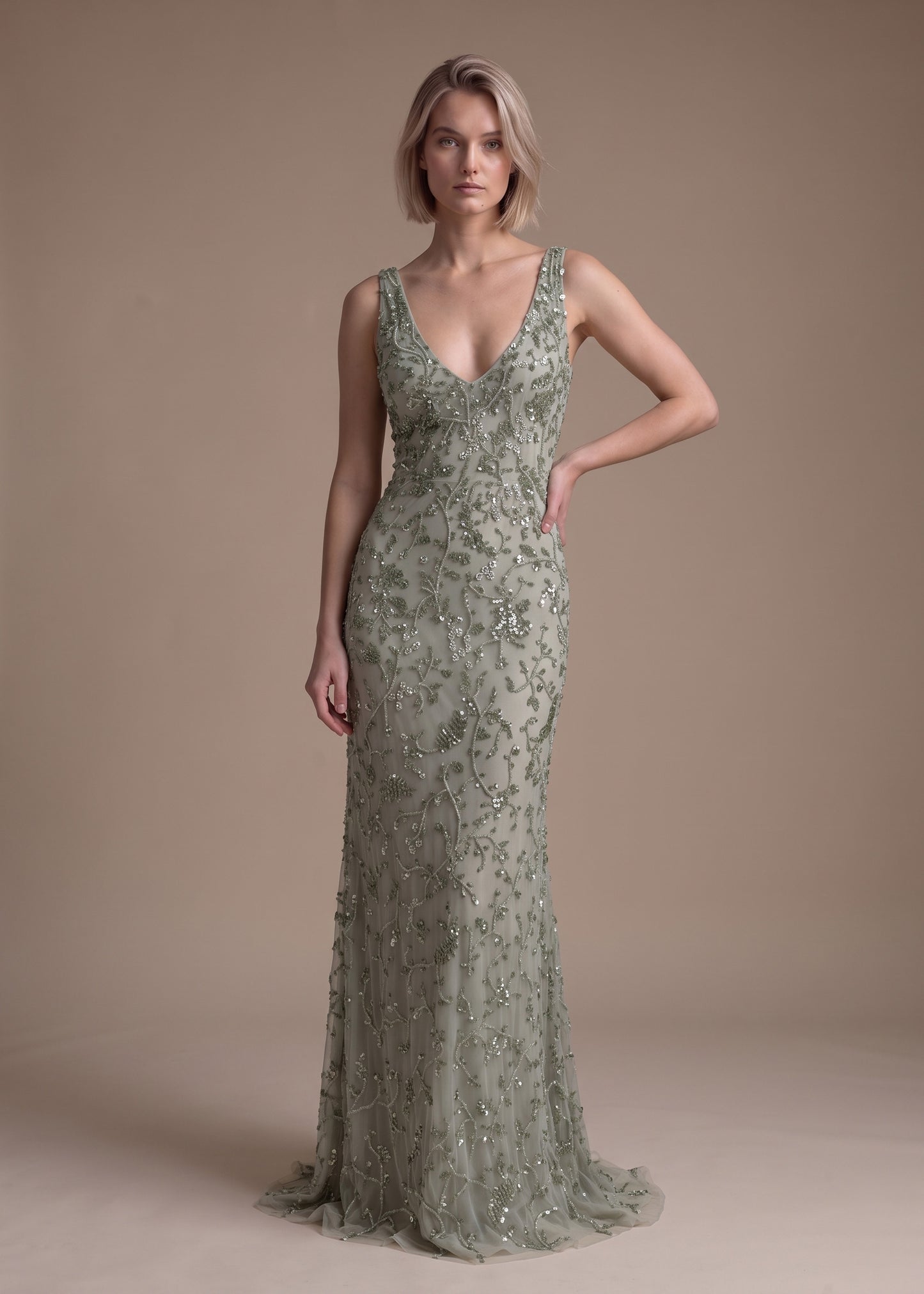 V-neck Sheath Gown with La Vie Embroidery