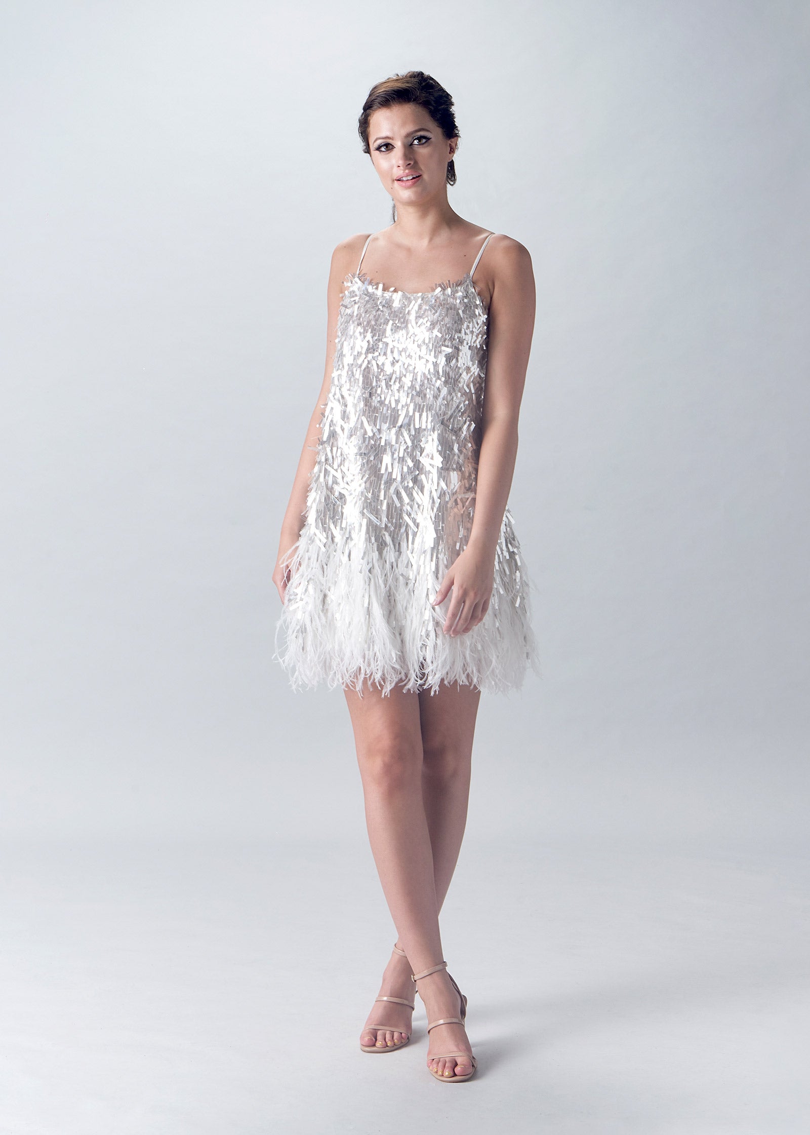 Fun, Flirty Mini Dress with Sequins and Feather Skirt – Lotus Threads Bridal
