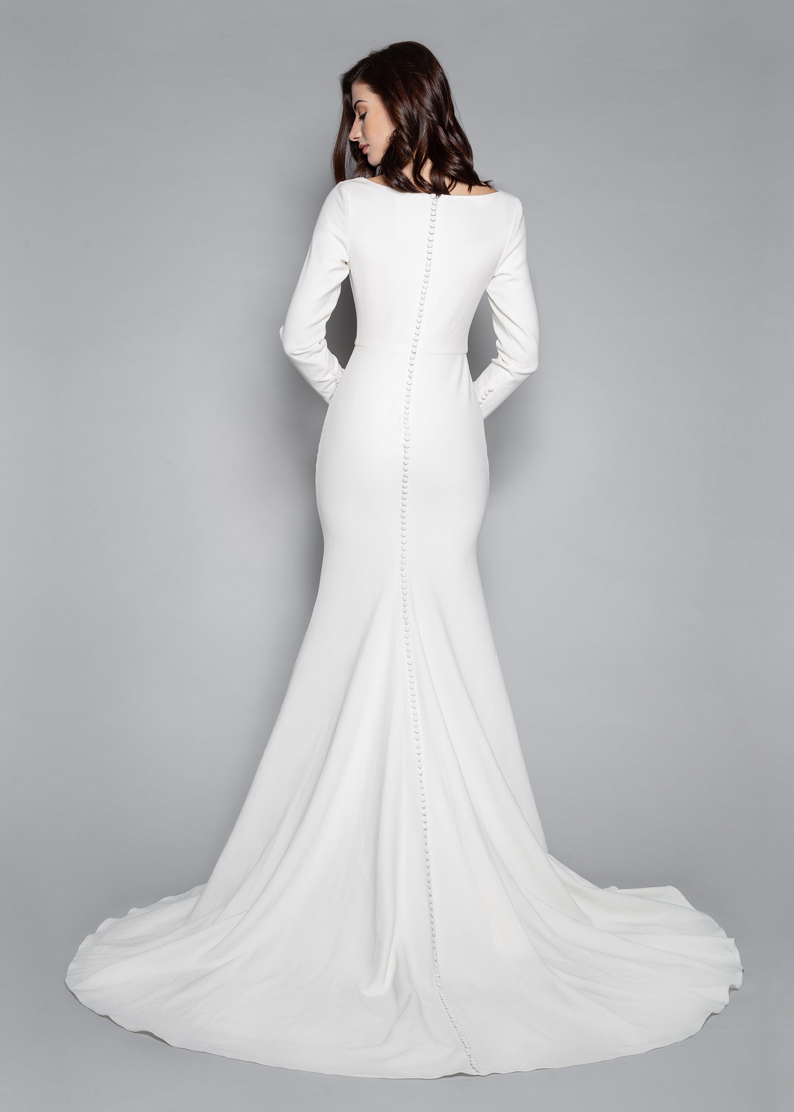 Long Sleeve Crepe Wedding Dress with Bateau Neckline  Lotus Threads Bridal