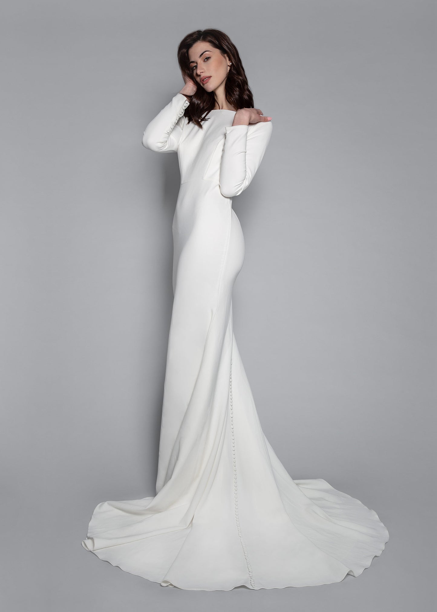 Long Sleeve Crepe Wedding Dress with Bateau Neckline Lotus Threads Bridal Long Sleeve Crepe Wedding Dress with Bateau Neckline Lotus Threads Bridal
