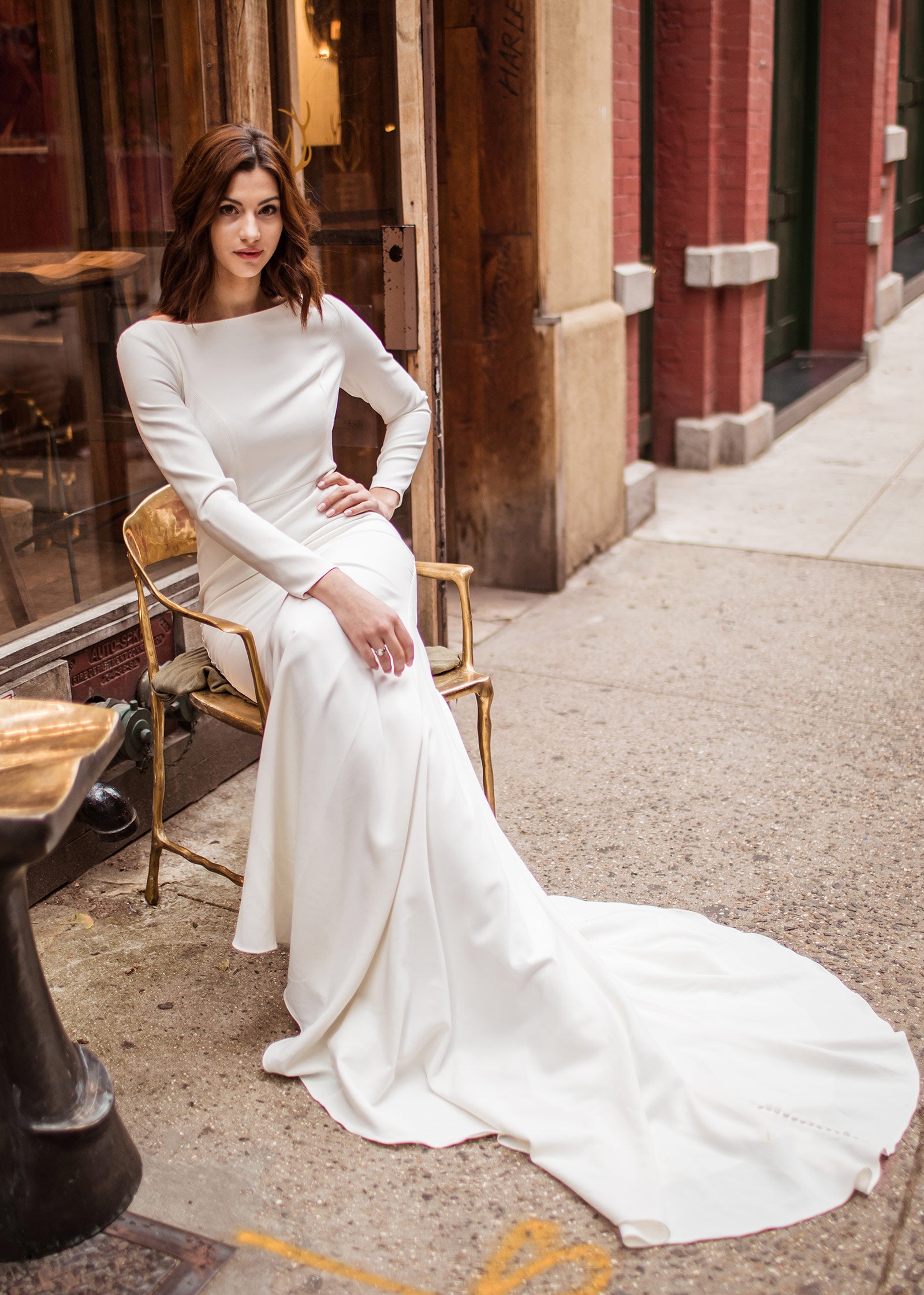 long sleeve crepe wedding dress Minimalist Modest A-line Debora Made to Order / Ivory / Custom (Plus Size) Elegantly complementing it is a fitted long Custom-made V-Neck sparkly ballgown wedding