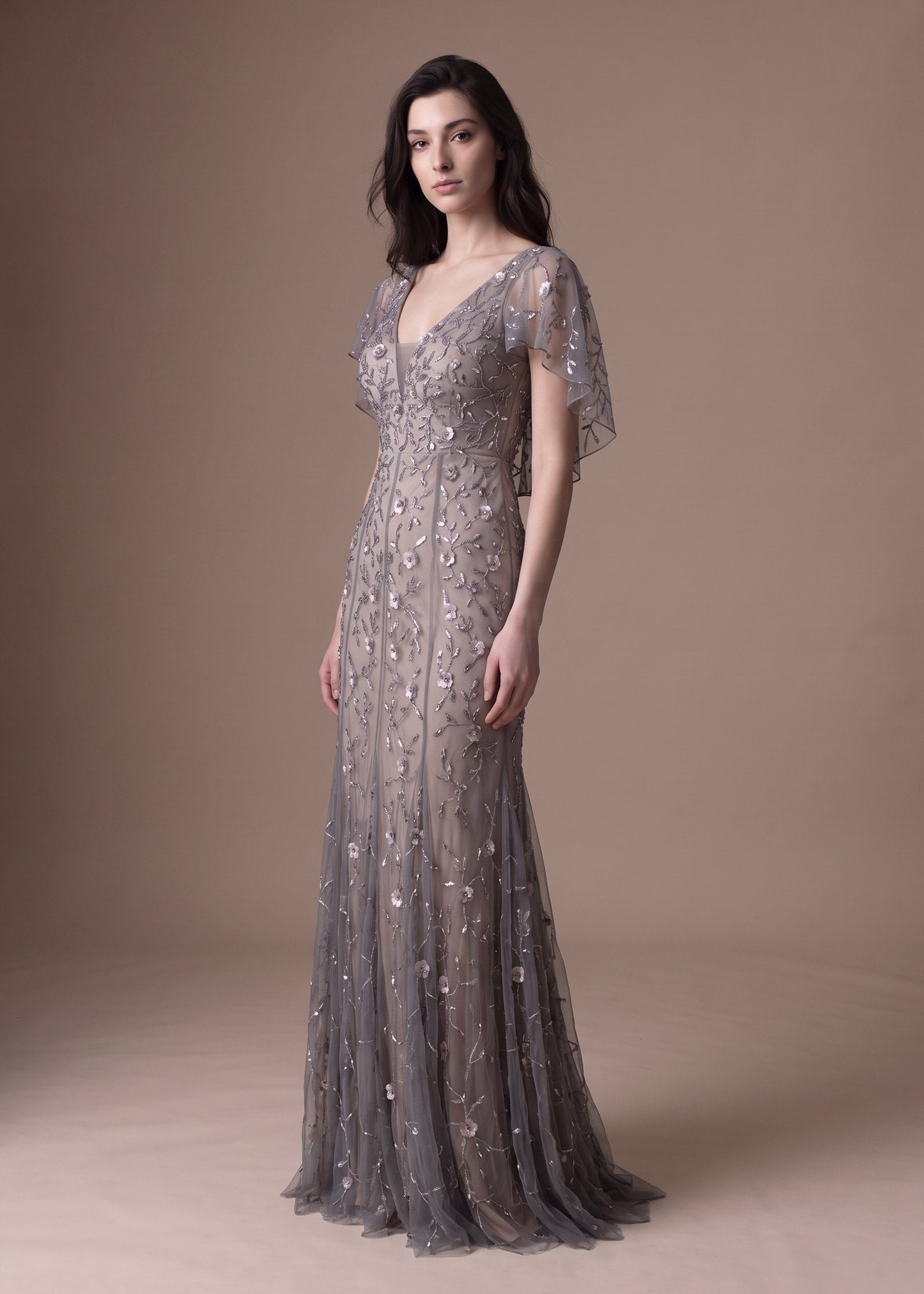 Floral Beaded V-Neck Gown with Capelet Sleeves – Lotus Threads Bridal