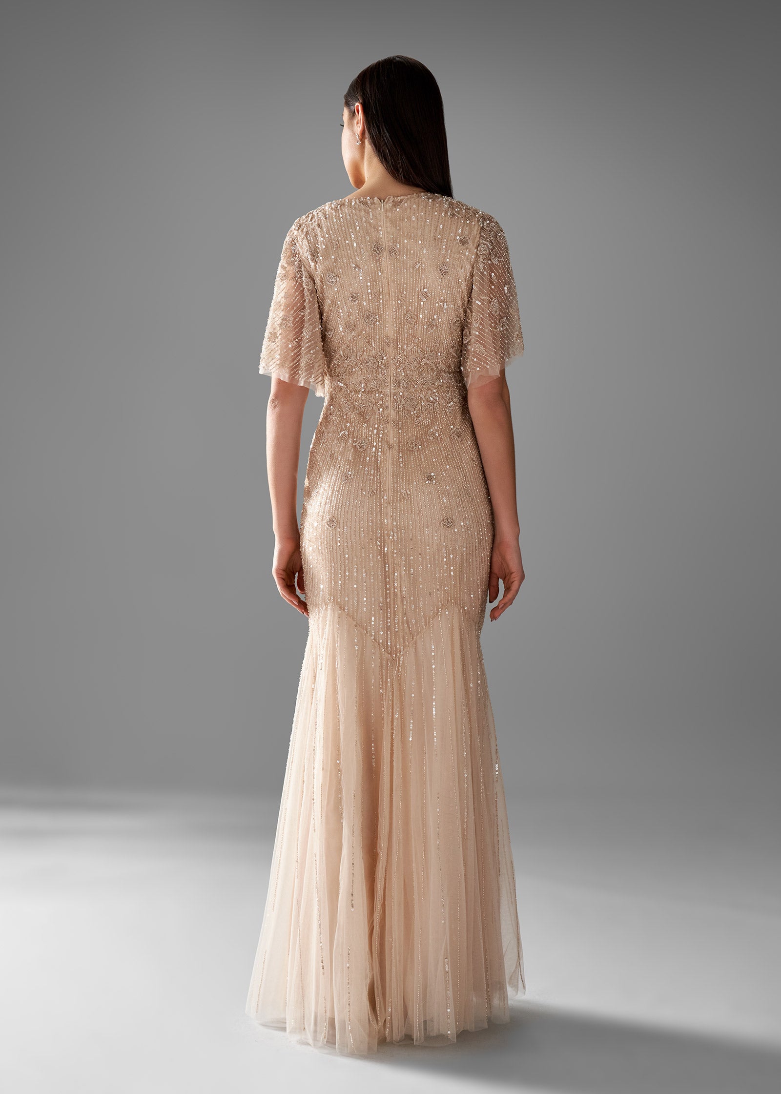 Beaded Fit-to-Flare Gown with Flutter Sleeves - Champagne Color - back | Evening Gown | Lotus Threads