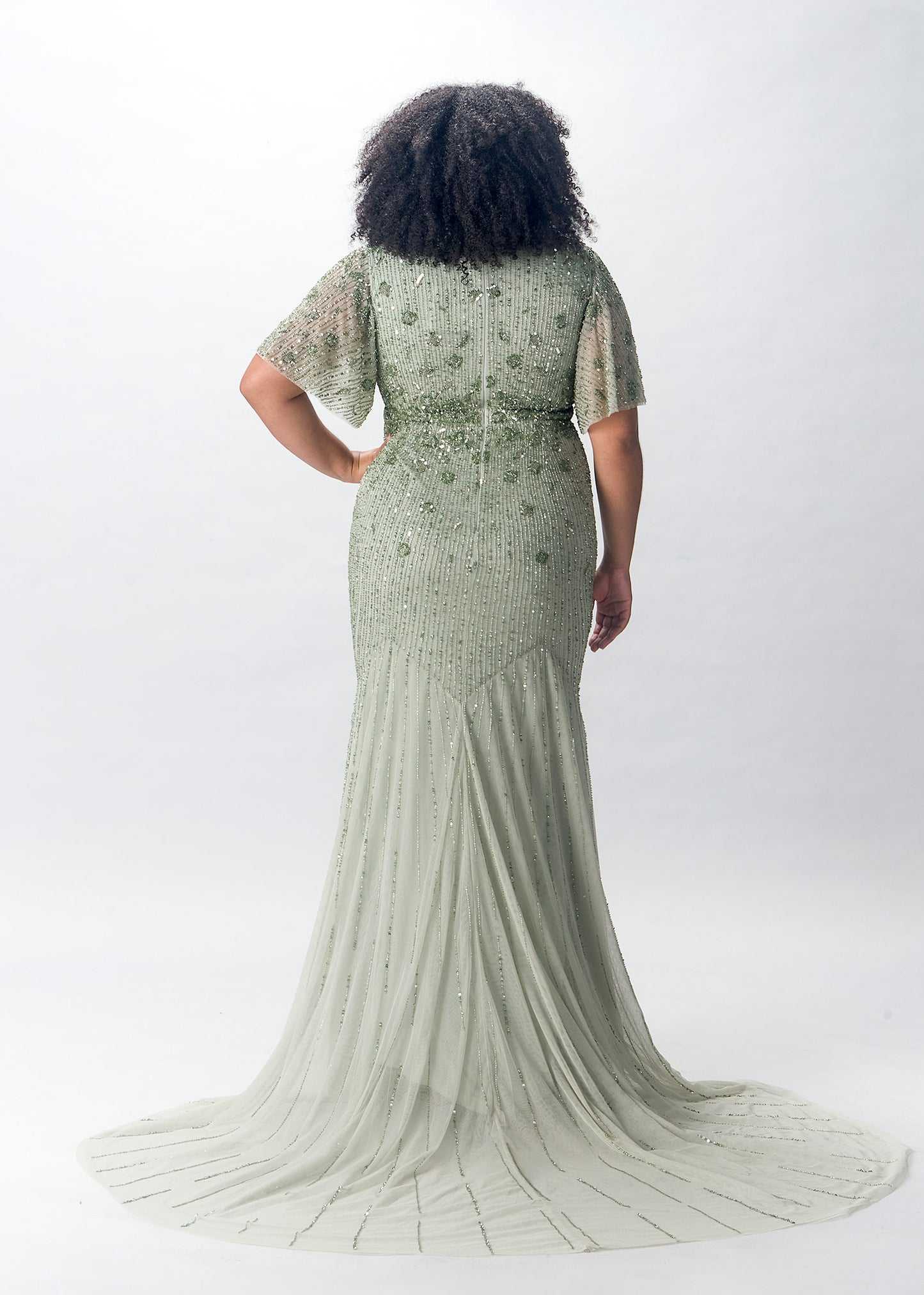 Beaded Fit-to-Flare Gown with Flutter Sleeves - Sage Color - back | Evening Gown | Lotus Threads