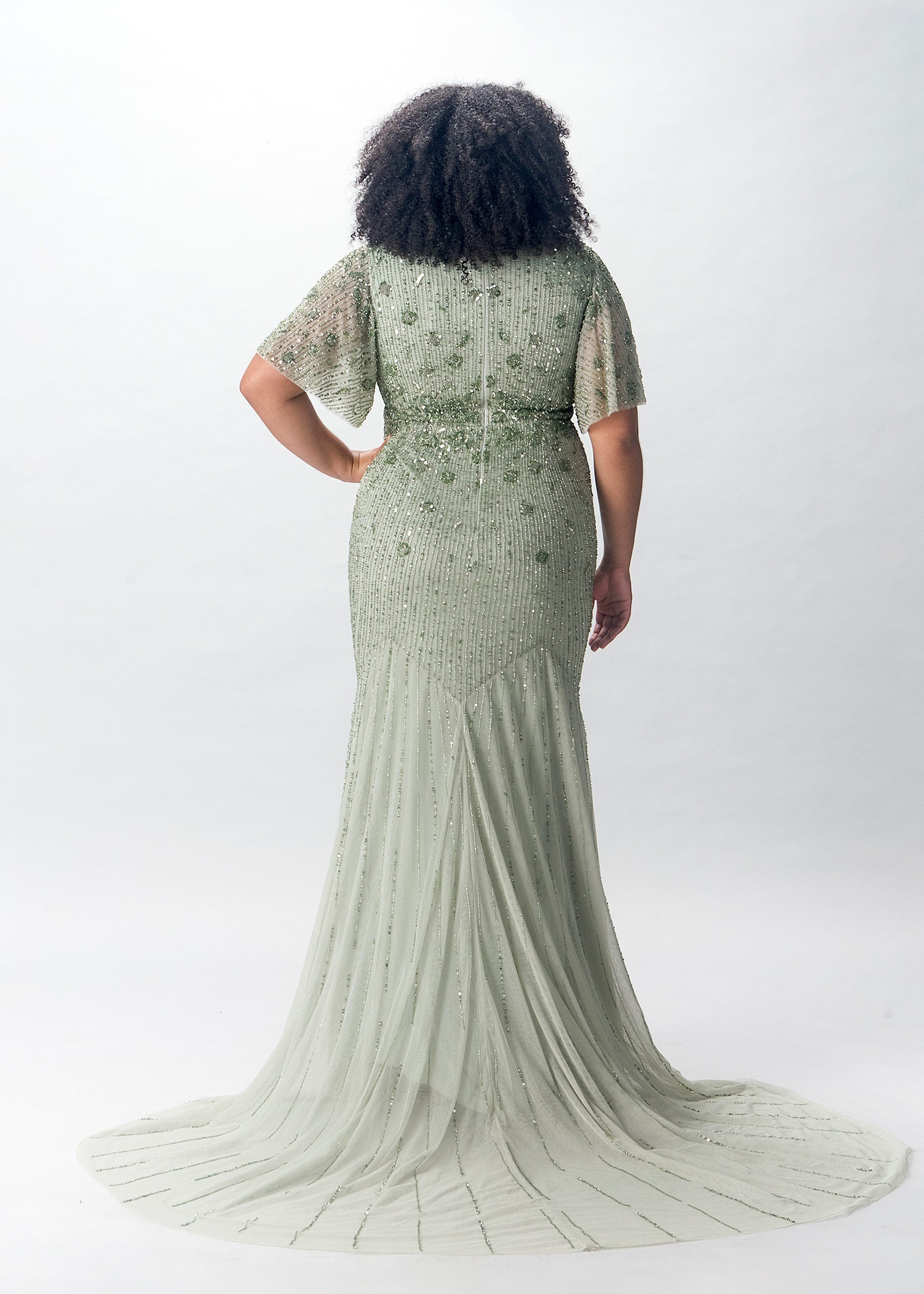 Beaded Fit-to-Flare Gown with Flutter Sleeves - Sage Color - back | Evening Gown | Lotus Threads