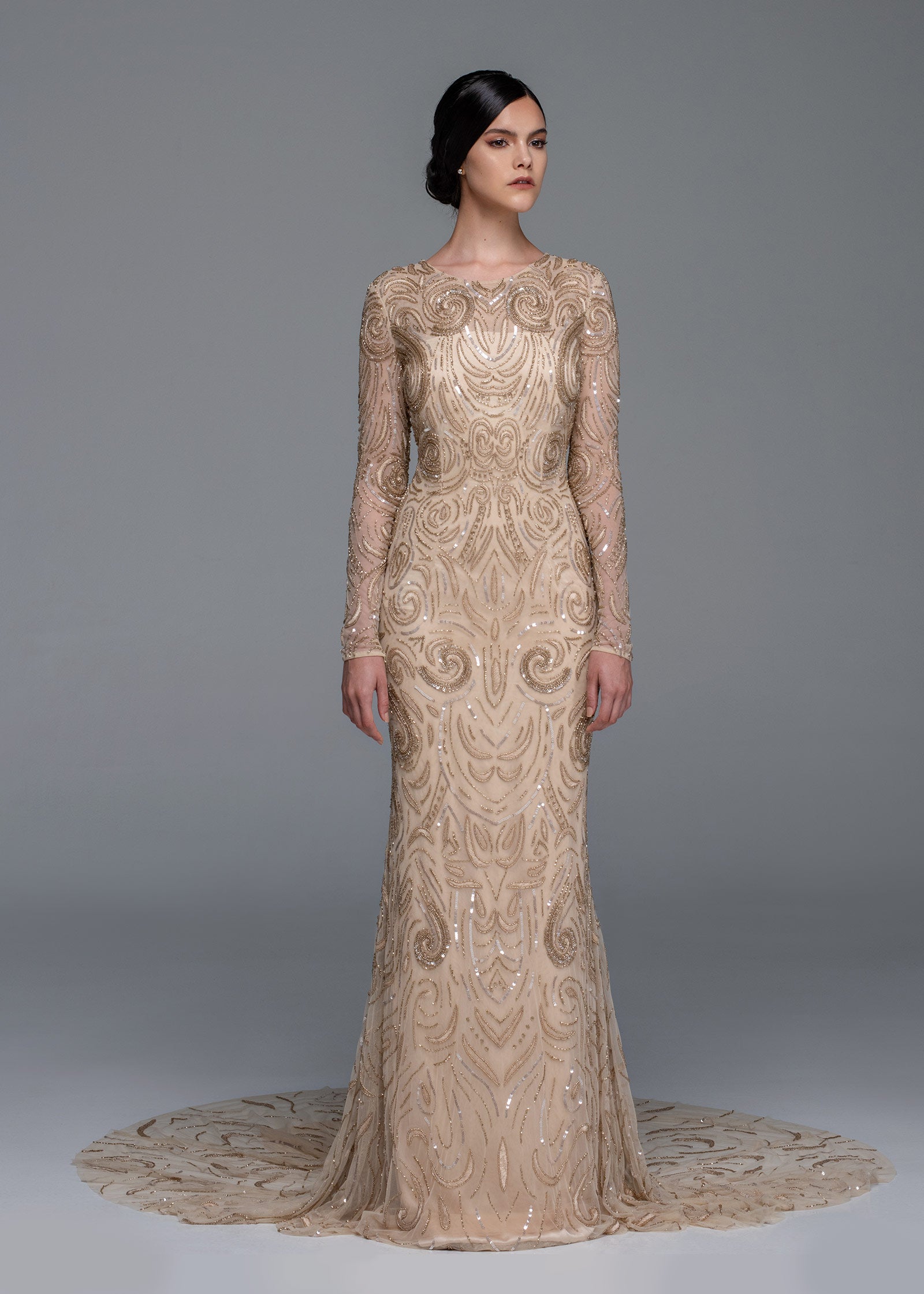 Swirl Beaded Trumpet Gown with Long Sleeves Lotus Threads Bridal Swirl Beaded Trumpet Gown with Long Sleeves Lotus Threads Bridal