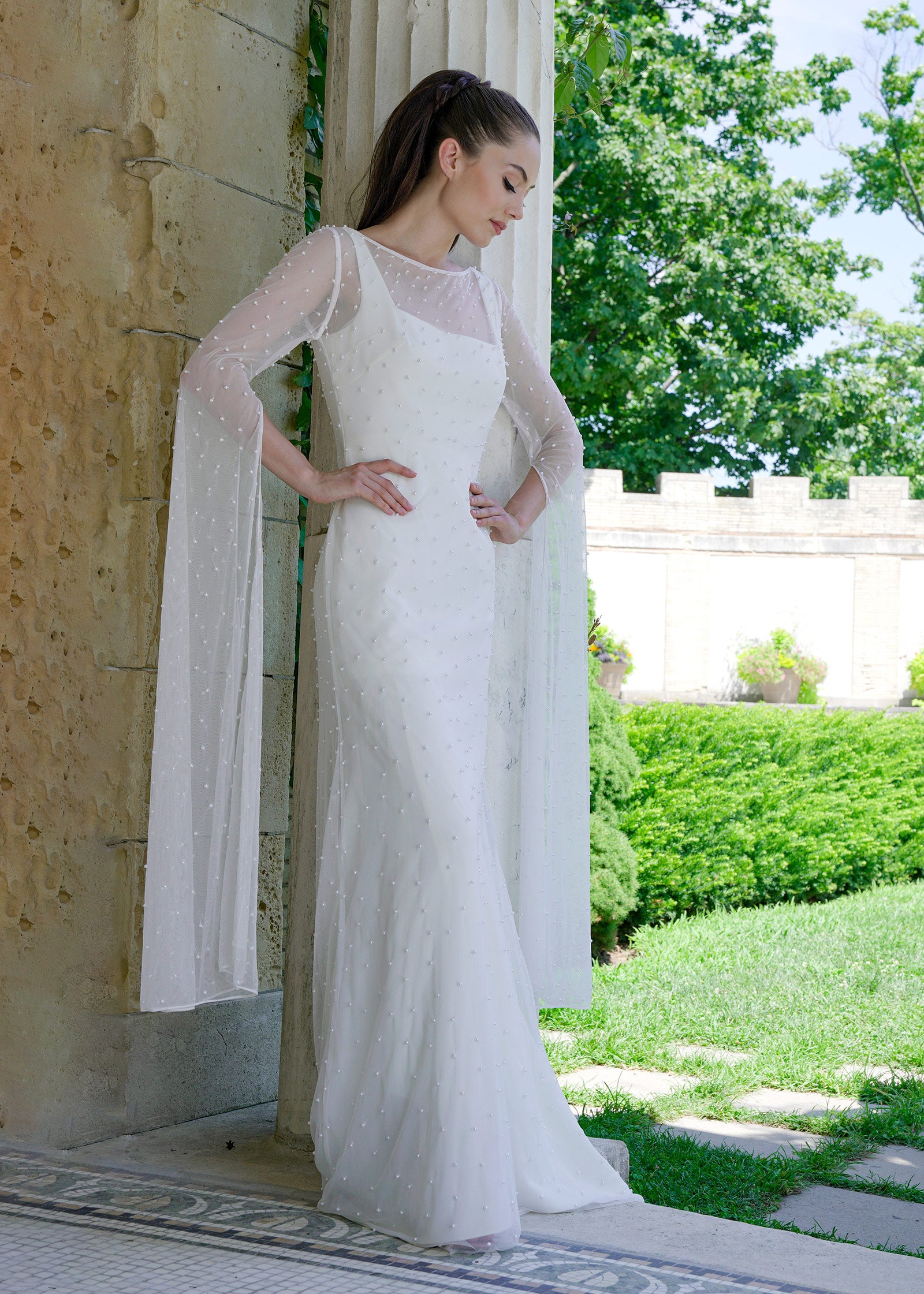 Long Pearl Cape with Flowing Bell Sleeves – Lotus Threads Bridal