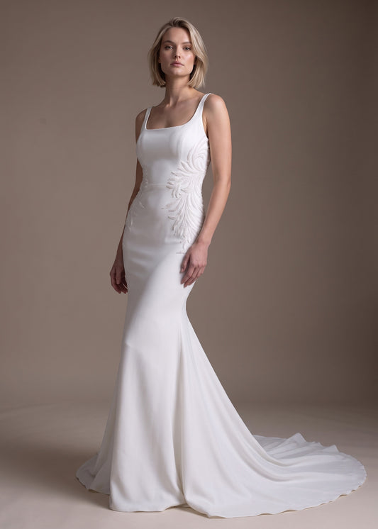 Crepe Mermaid Wedding Dress with Square Neckline and Textured Details | Lotus Threads Bridal