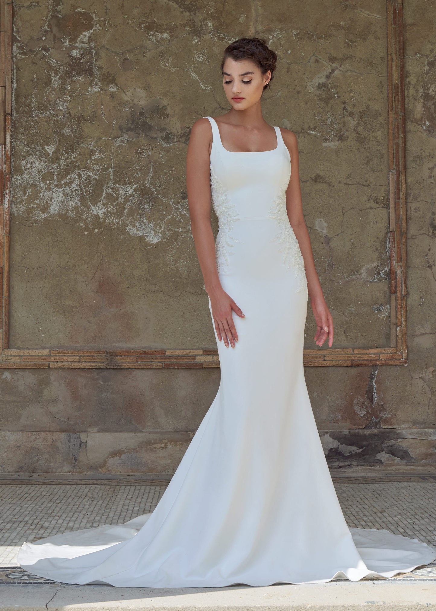 crepe mermaid wedding dress with metallic embroidery Tina Holly TW120 Long 3D Floral Applique Mermaid Wedding Dress