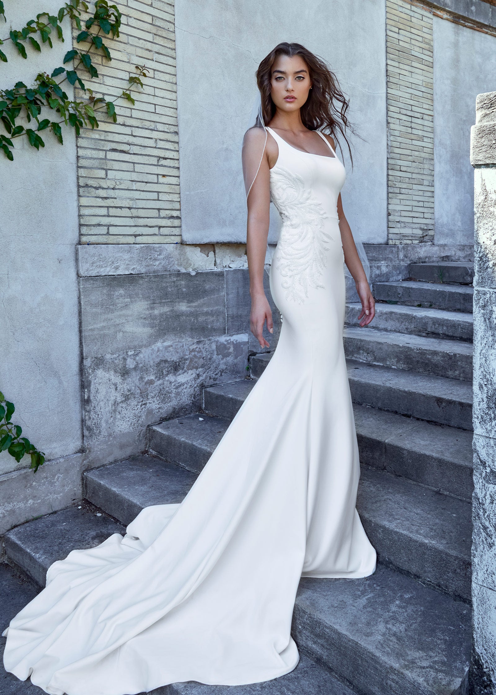 white christmas dresses Crepe Mermaid Wedding Dress with Square Neckline – Lotus Threads Bridal