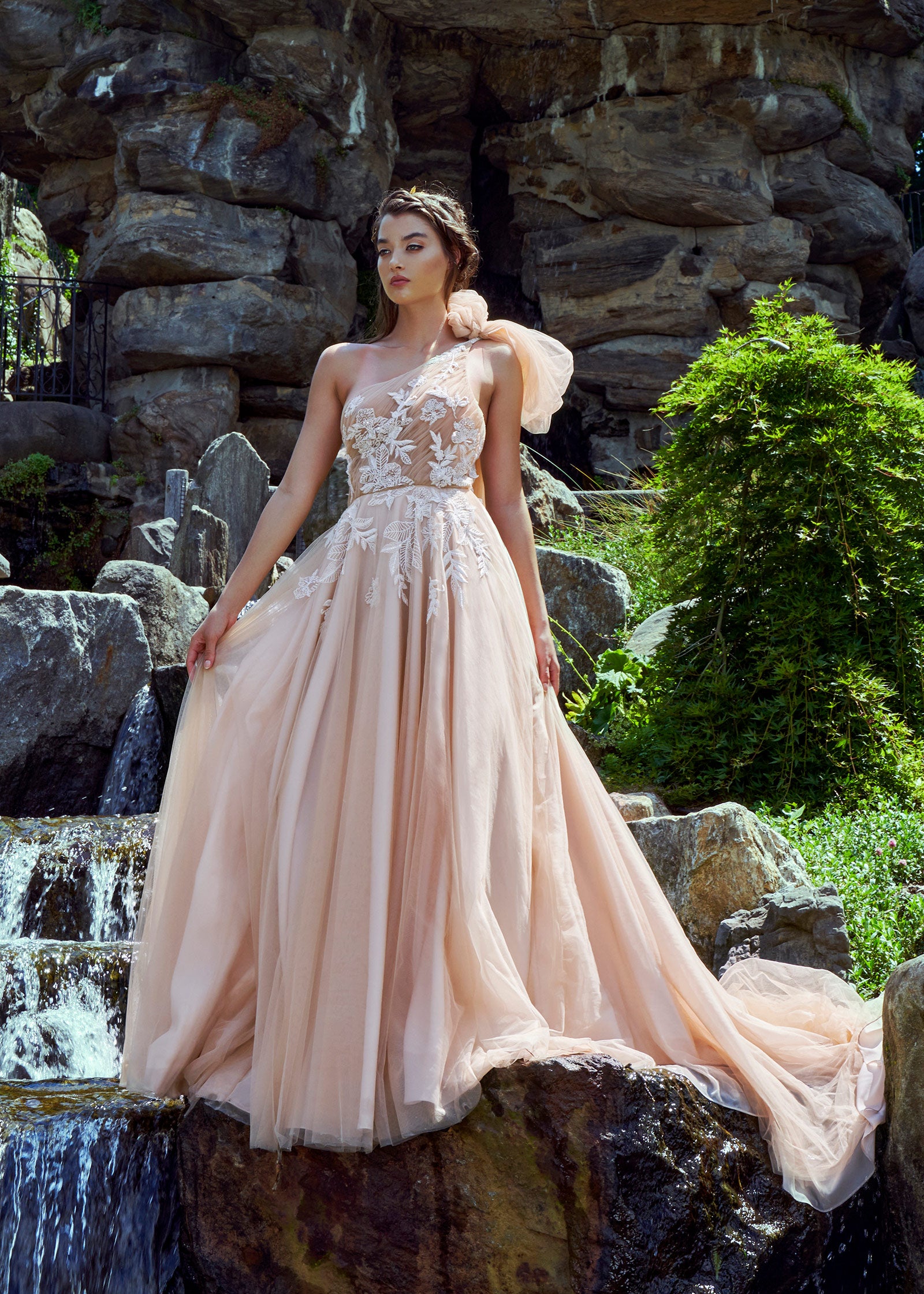 navy blue dress for baby girl A-Line/Princess One-Shoulder Floor-Length Wedding Dress With Split Sid main image 1
