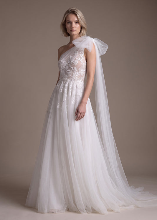 One-Shoulder A-line Wedding Dress with Floral Embellishments