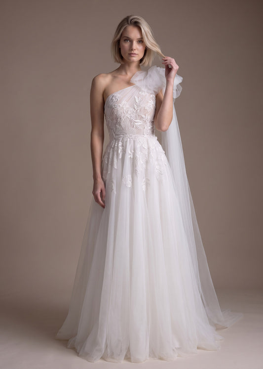 One-Shoulder A-line Wedding Dress with Floral Embellishments