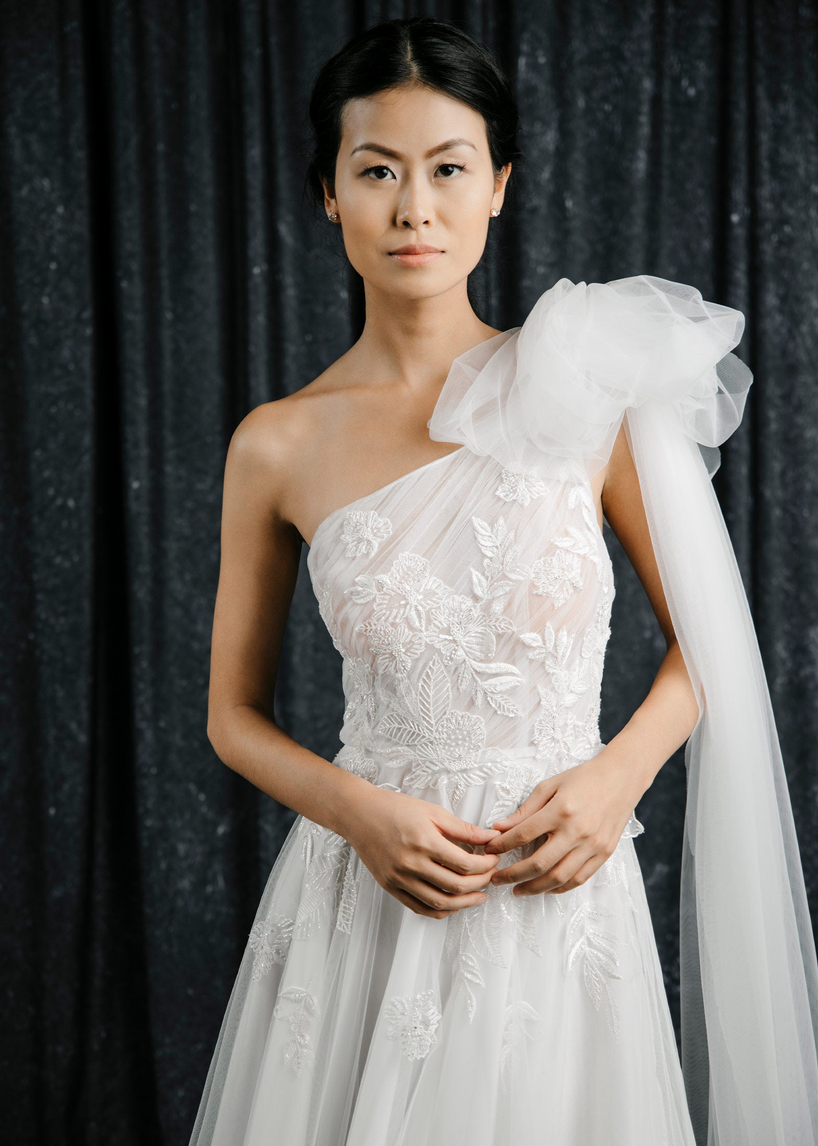flower one shoulder wedding dresses Tulle Floor Length Dress One Shoulder 3D Flowers Embroidery