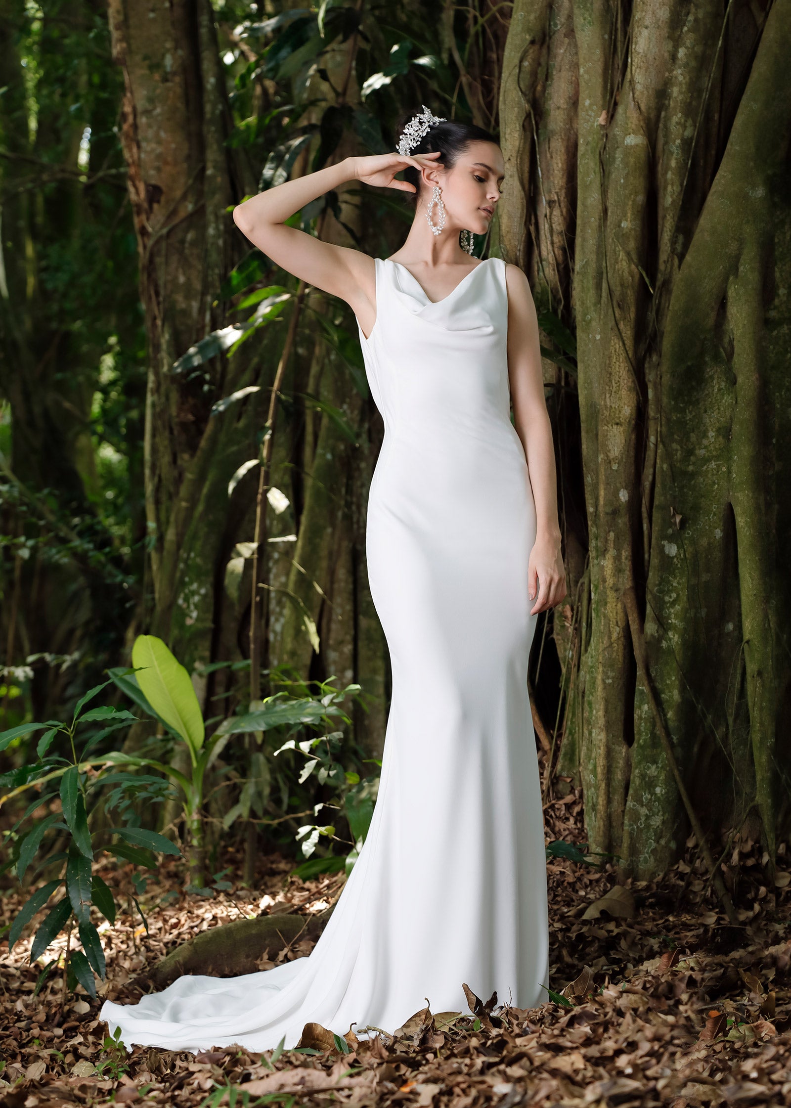 Modern Crepe Mermaid Wedding Dress with Front and Back Cowl-Neck | Lotus Threads Bridal