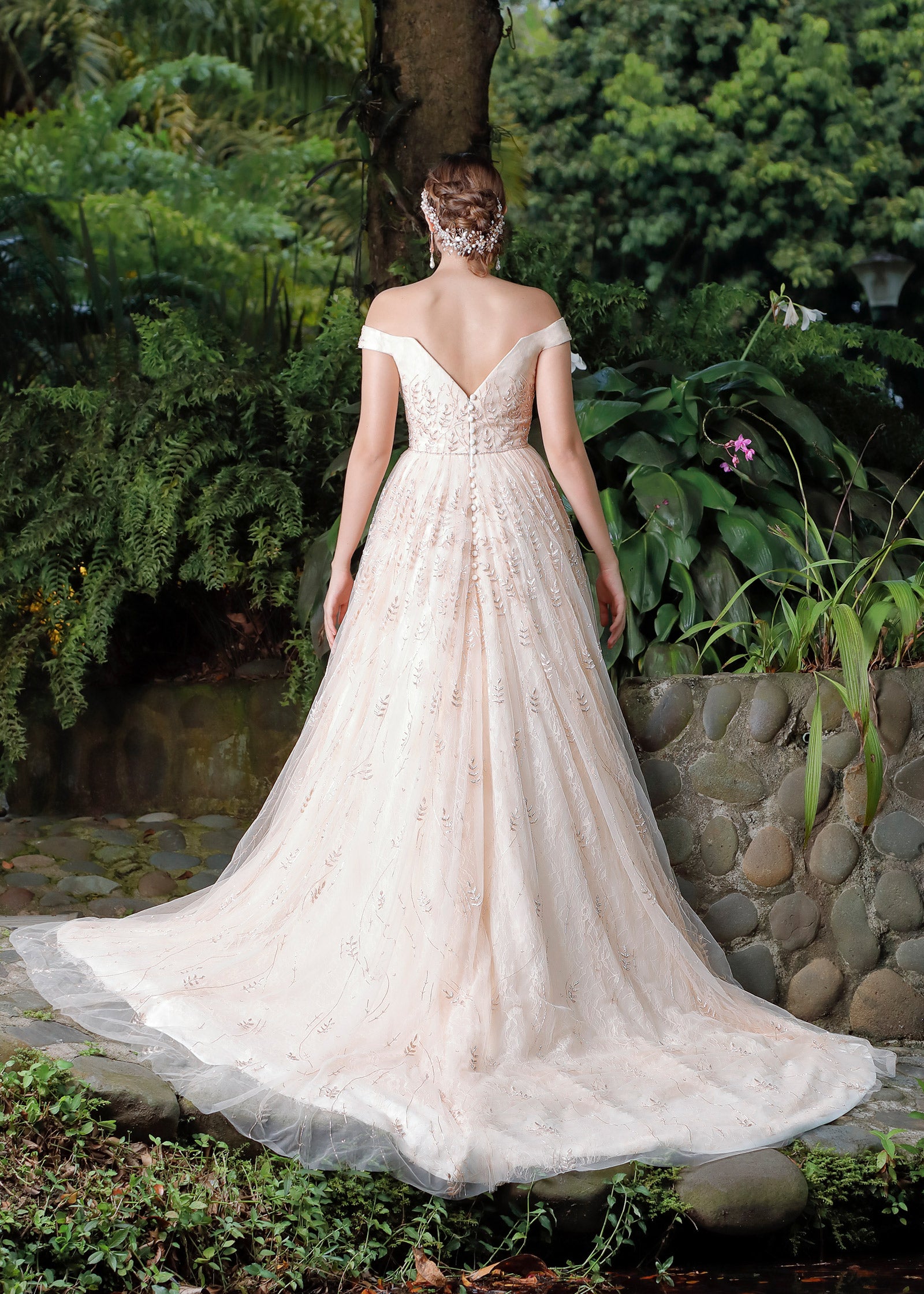 Off Shoulder Ball Gown with Layers of Chantilly Lace & Tulle  Lotus  Threads Bridal